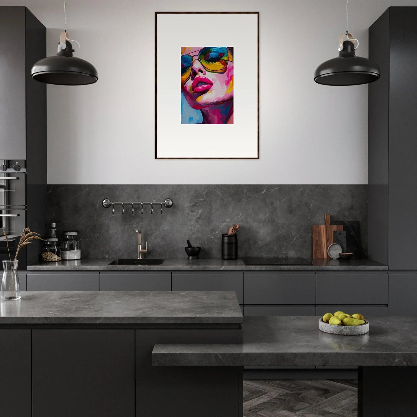 Modern kitchen with dark cabinetry and Chromatic Reverie Gaze framed wall art