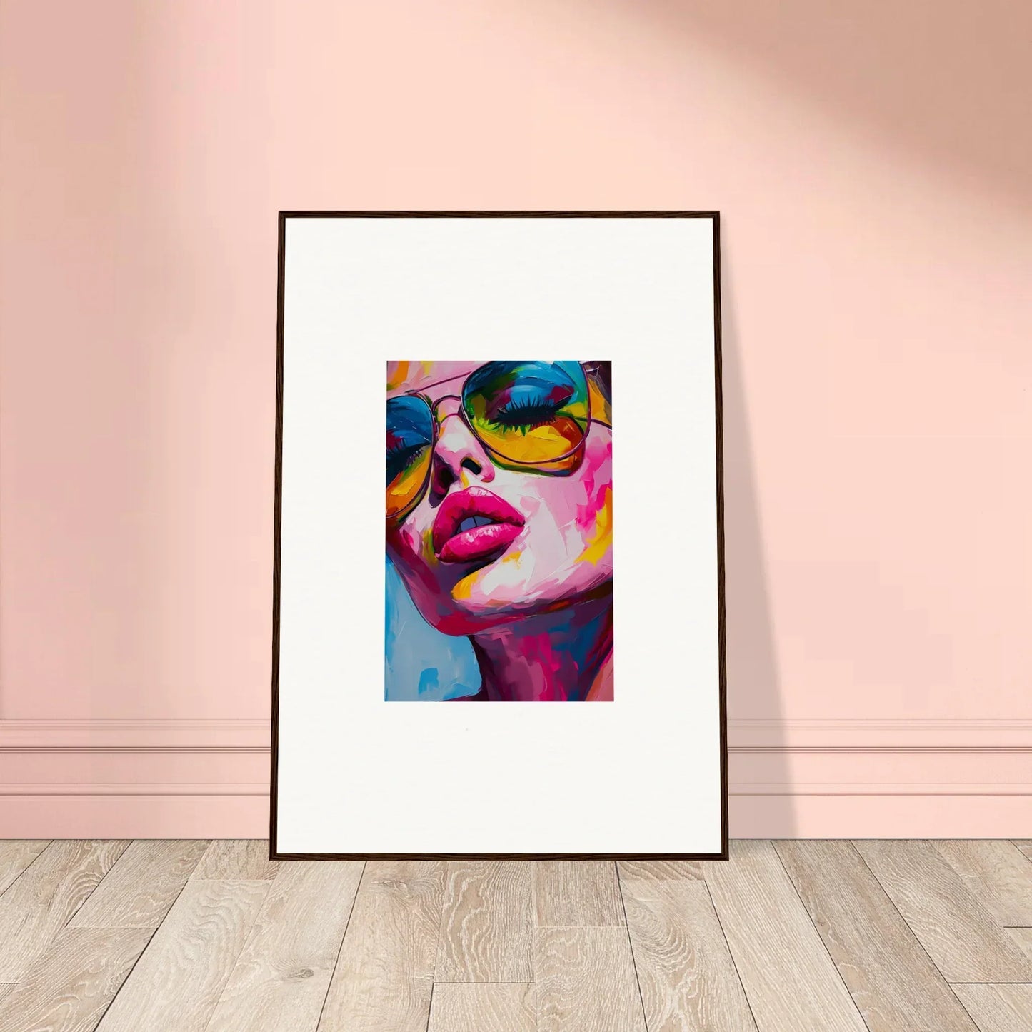 Framed colorful portrait of vibrant lips and sunglasses for room decor and Reverie Gaze