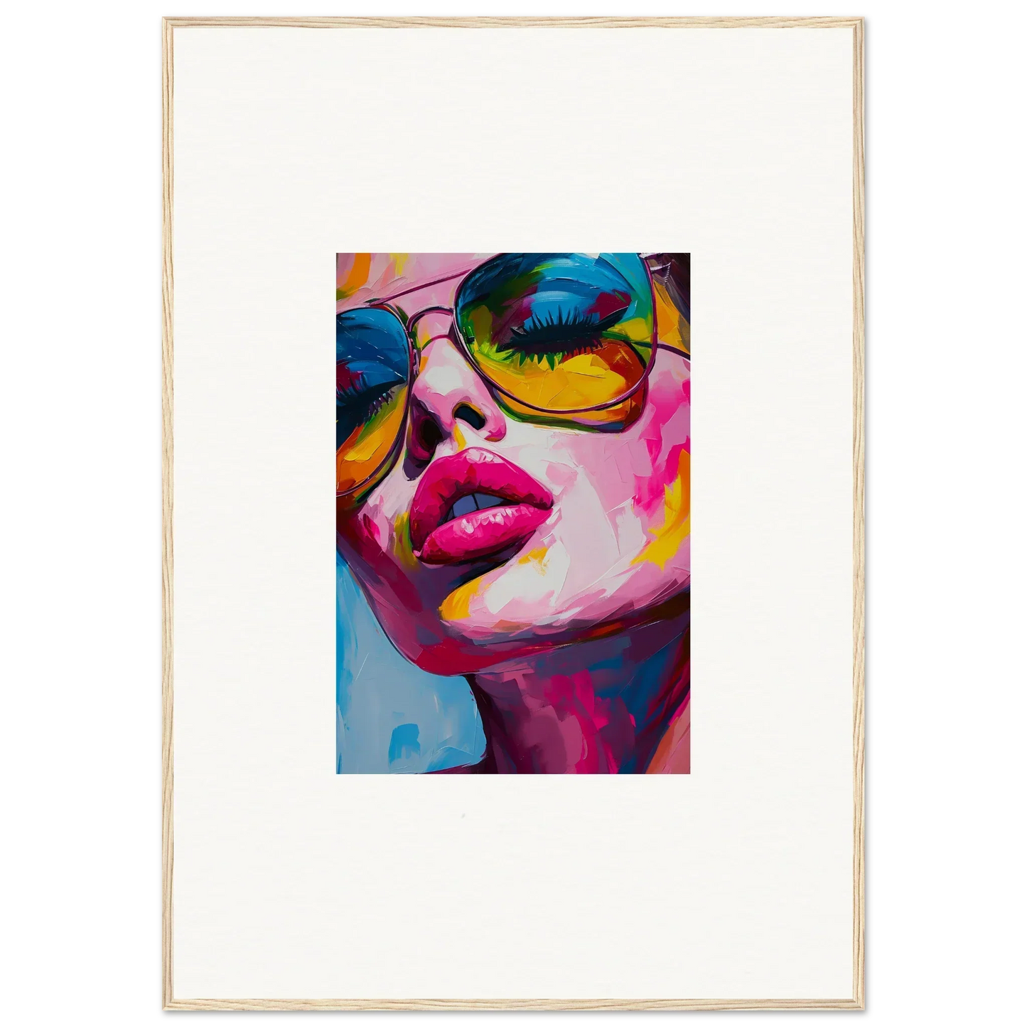 Vibrant portrait with sunglasses and pink lips, perfect for room decor and framed wall art