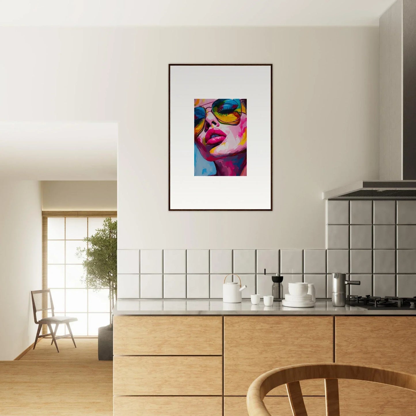 Colorful pop art portrait of a woman in sunglasses for vibrant room decor framed wall art