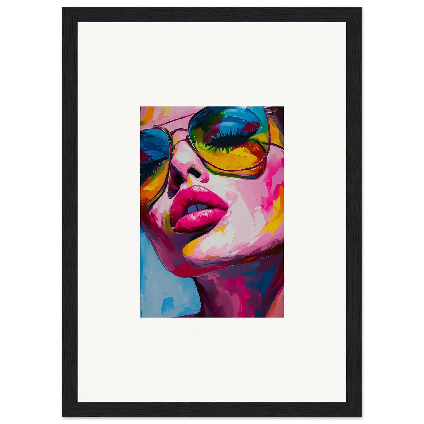 Colorful pop art portrait with sunglasses and vibrant pink lips for room decor