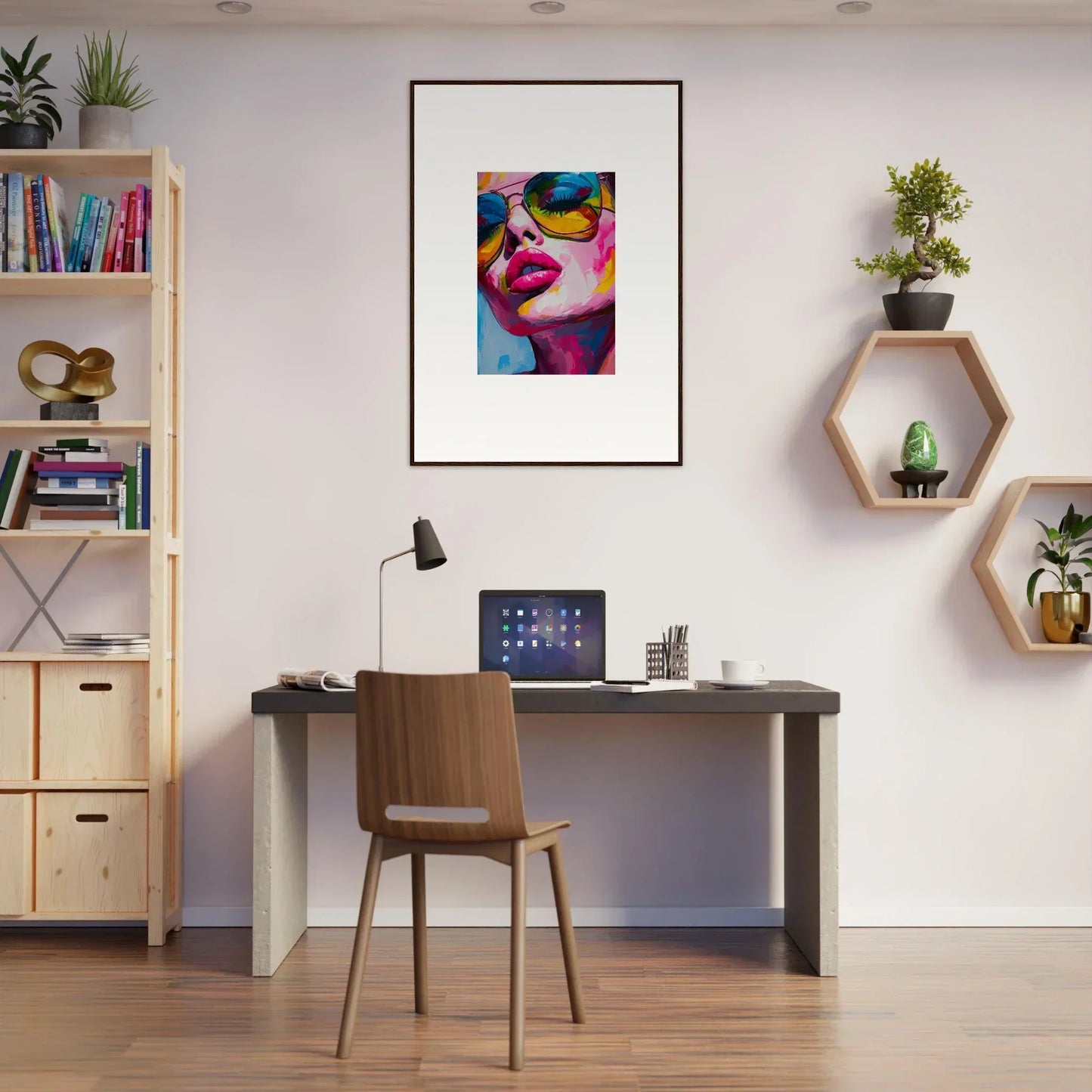 Modern home office workspace with desk, chair, and Chromatic Reverie Gaze wall art