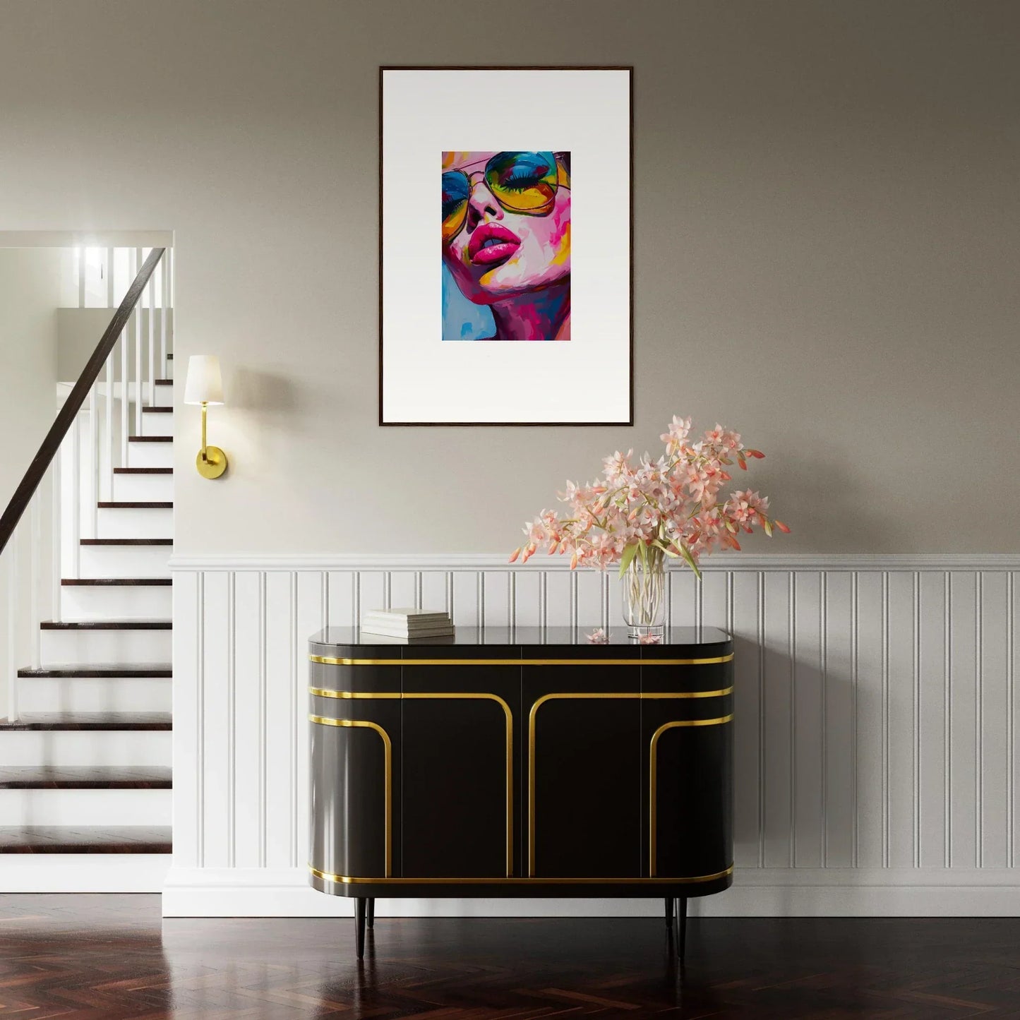 Colorful portrait painting with vibrant lips and eye makeup for framed wall art decor