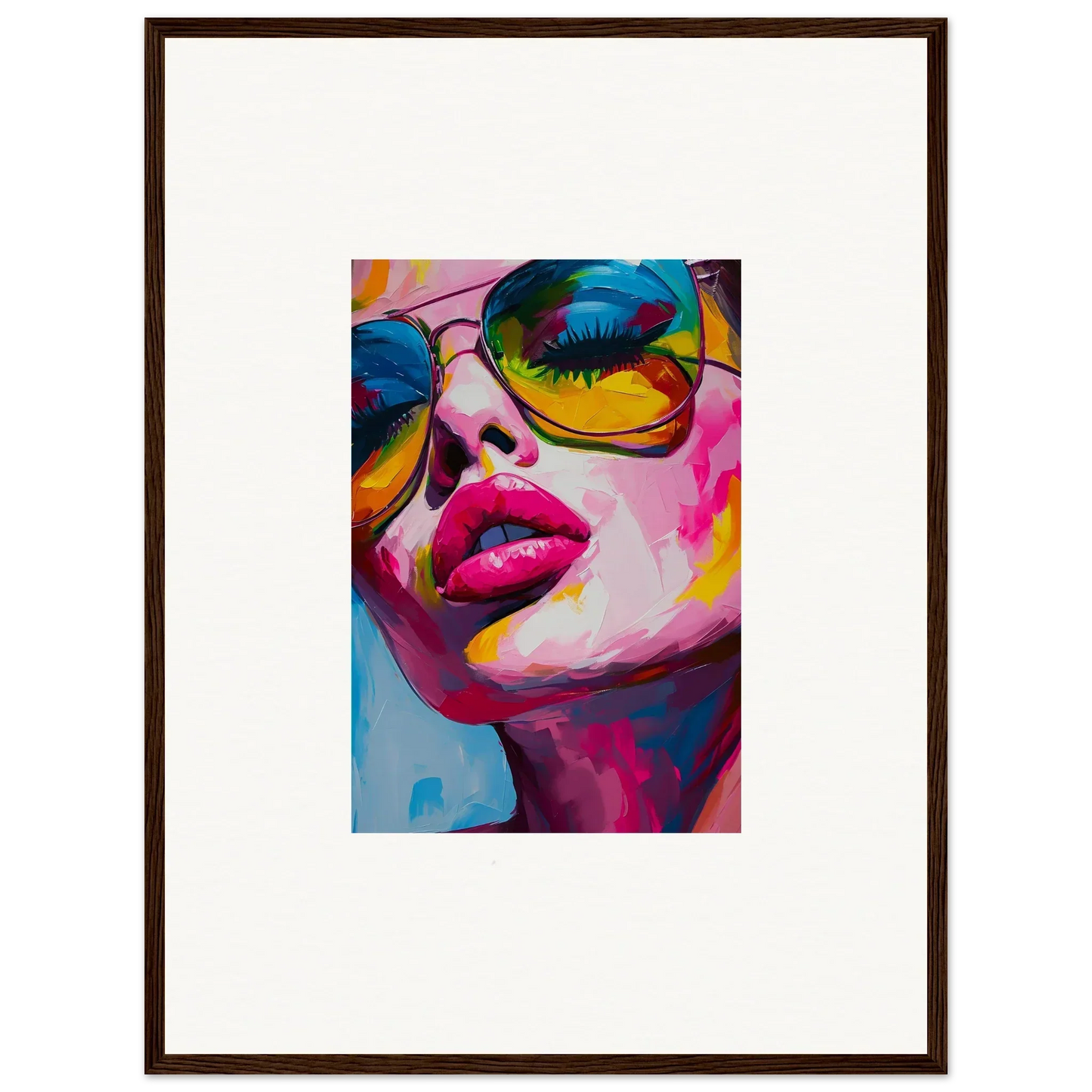 Colorful pop art portrait with reflective sunglasses, perfect for framed wall art and room decor