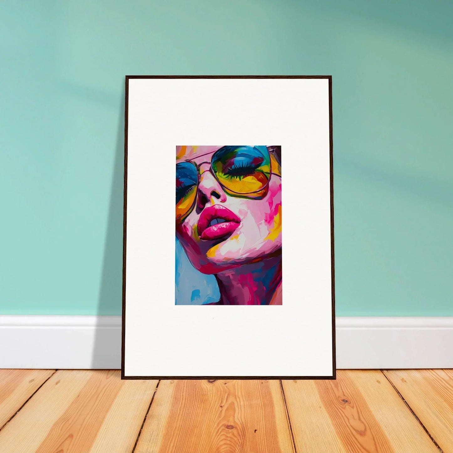 Framed wall art featuring a colorful portrait with reverie gaze and vibrant pink lips