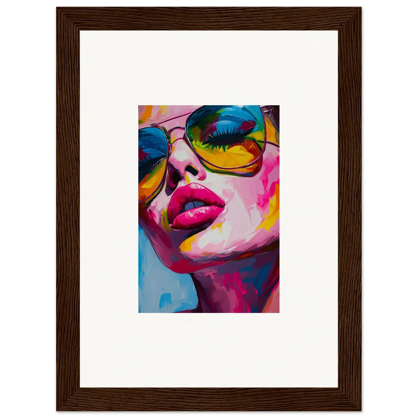 Colorful pop art portrait with sunglasses and vibrant lips for unique room decor