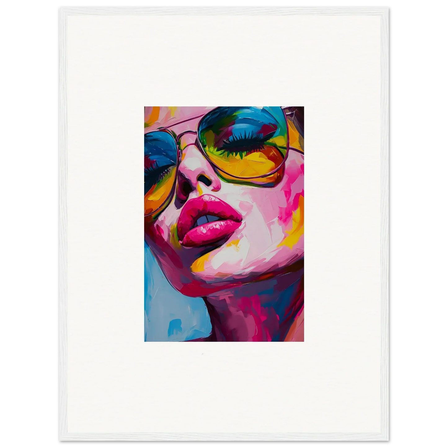 Colorful pop art portrait with reflective sunglasses for unique room decor and framed wall art