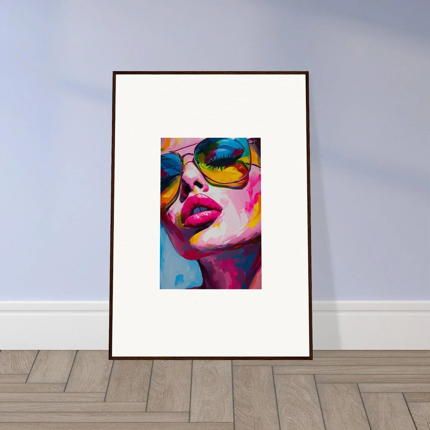 Framed wall art of vibrant lips and sunglasses in Chromatic Reverie Gaze decor