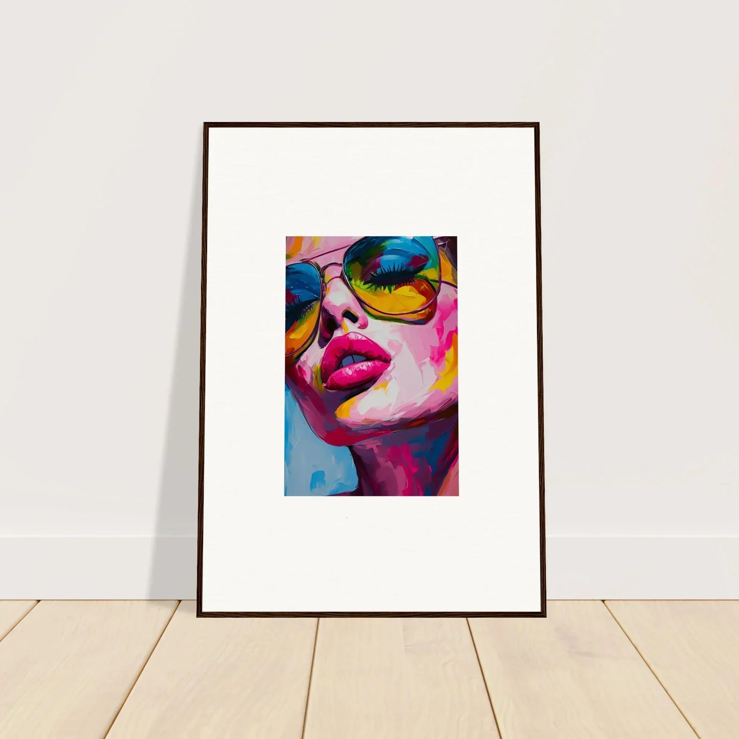 Framed wall art of a woman with vibrant lips in a colorful reverie gaze portrait