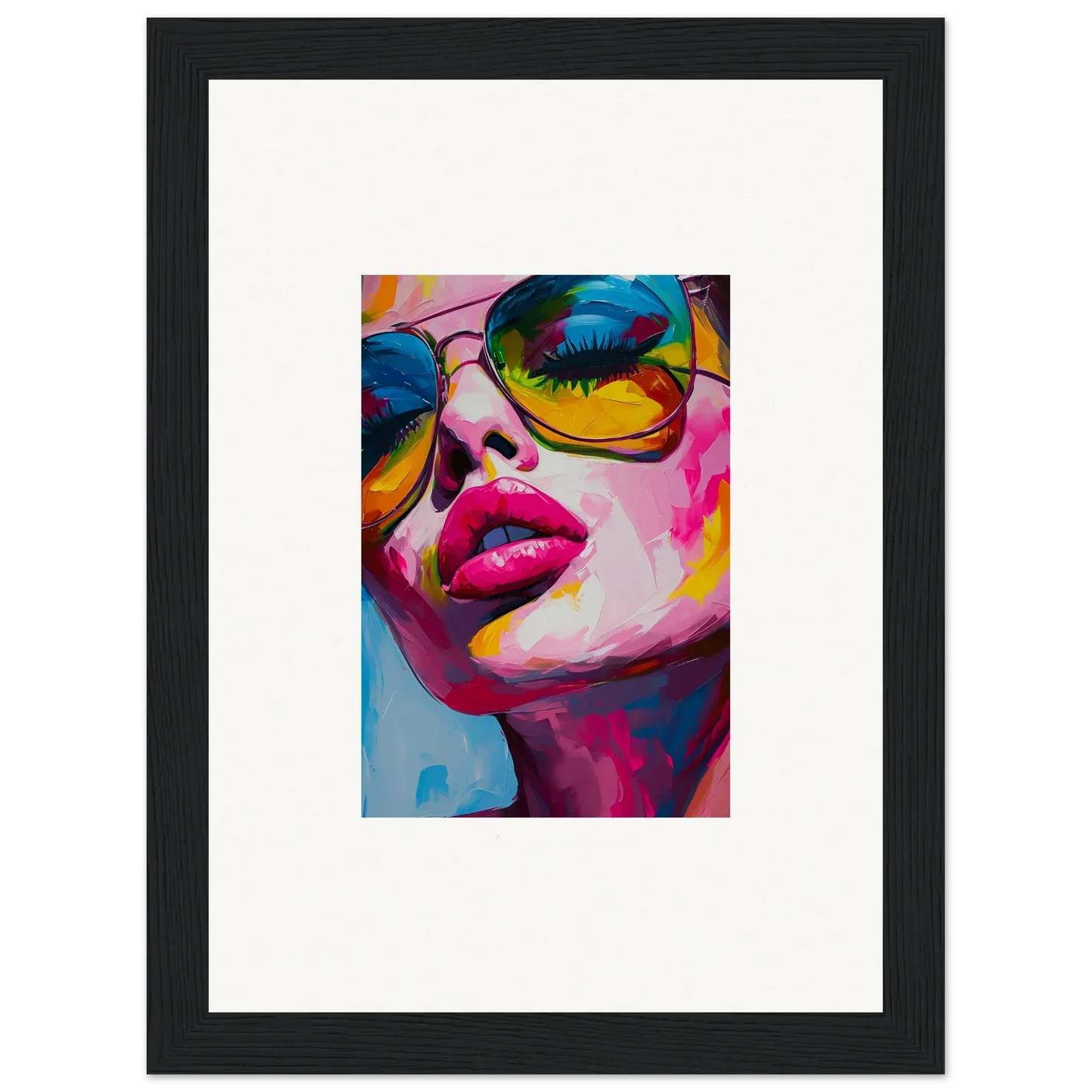 Colorful pop art portrait with reflective sunglasses for vibrant room decor and framed wall art
