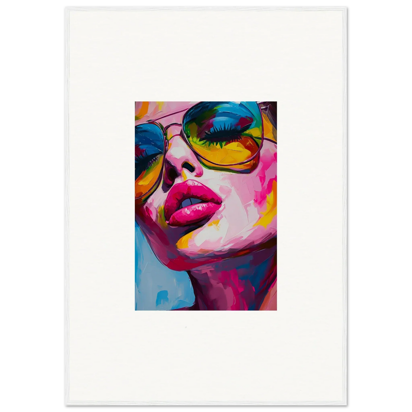 Colorful pop art portrait of woman in sunglasses for vibrant room decor, framed wall art