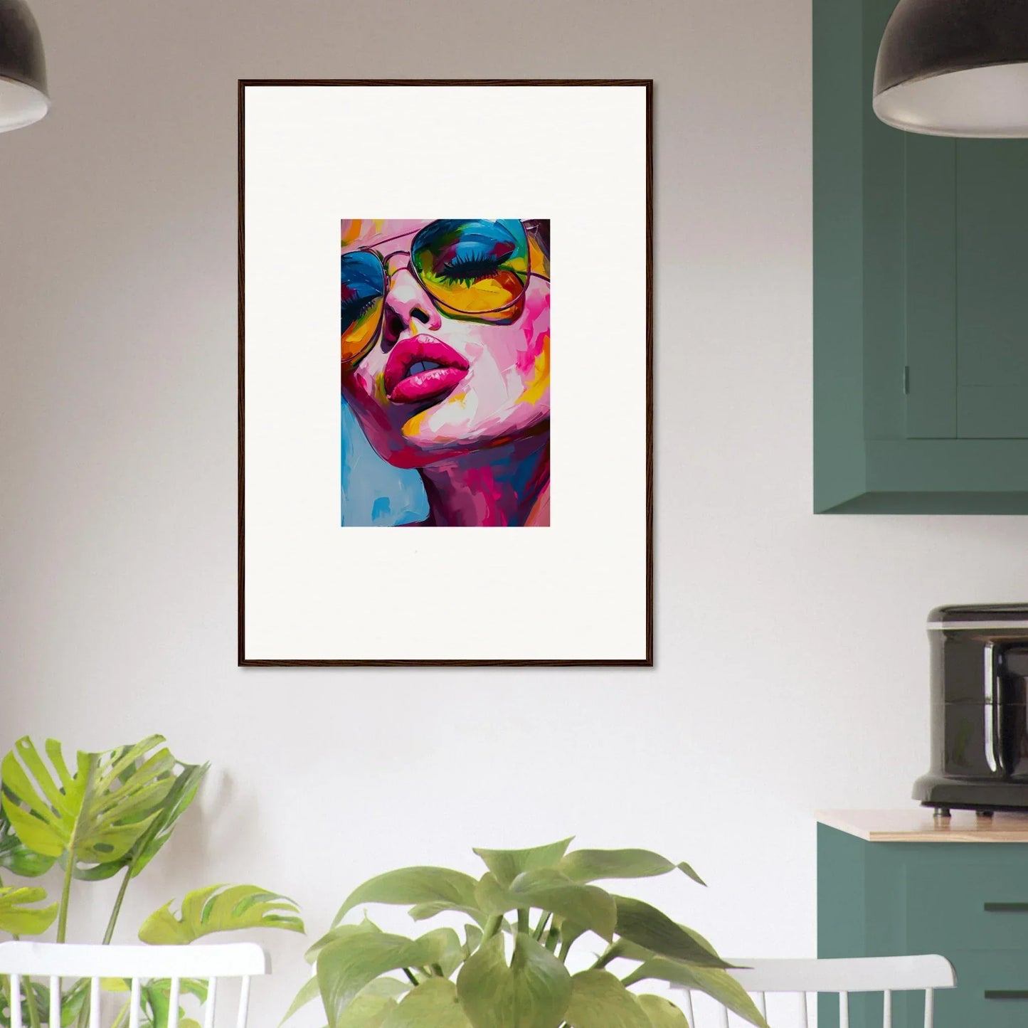 Colorful pop art portrait with reflective sunglasses for vibrant room decor and framed wall art