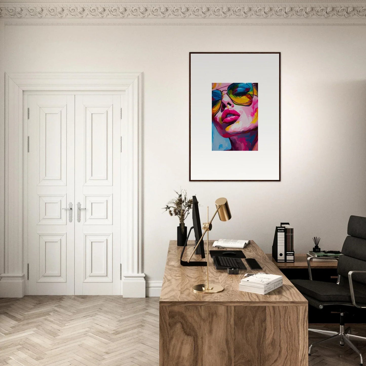 Stylish home office with wooden desk, vintage typewriter, and framed wall art decor