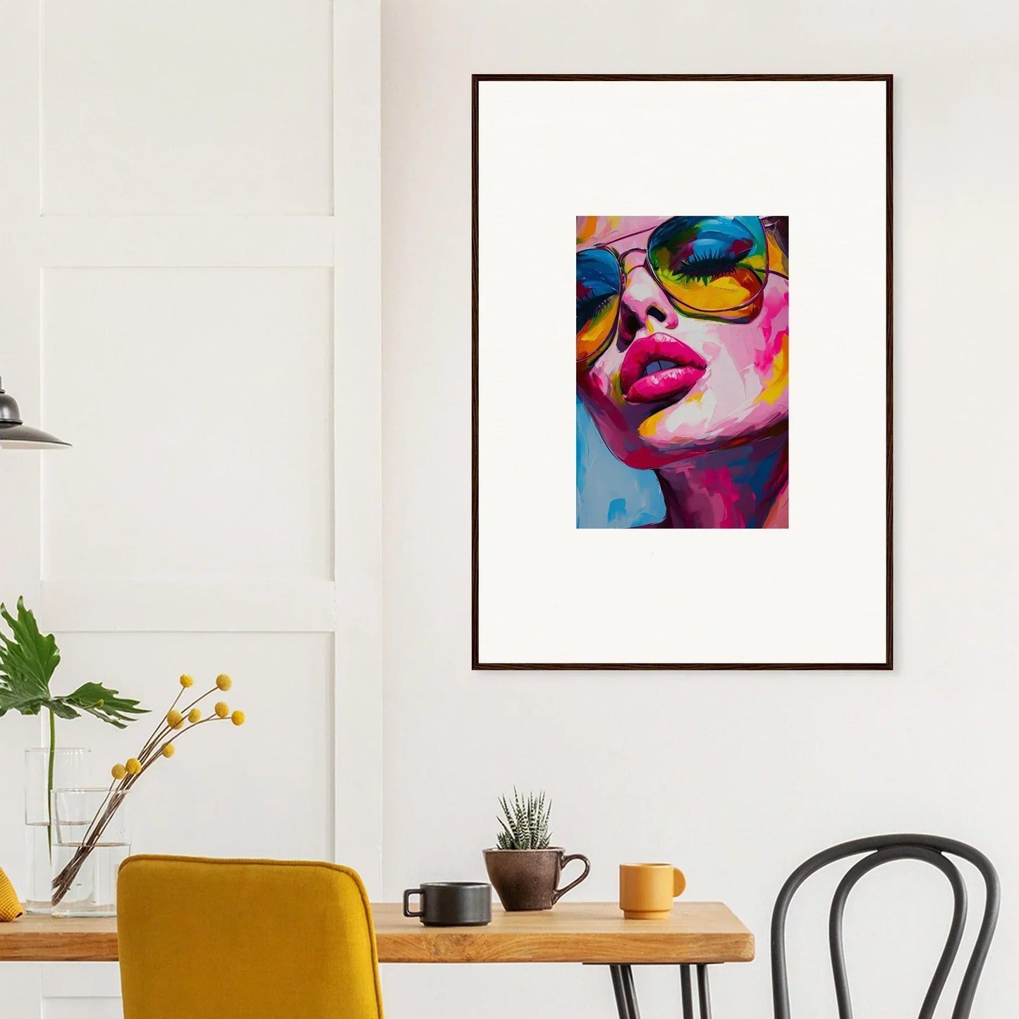Framed wall art of a colorful person with sunglasses, perfect for room decor and reverie gaze
