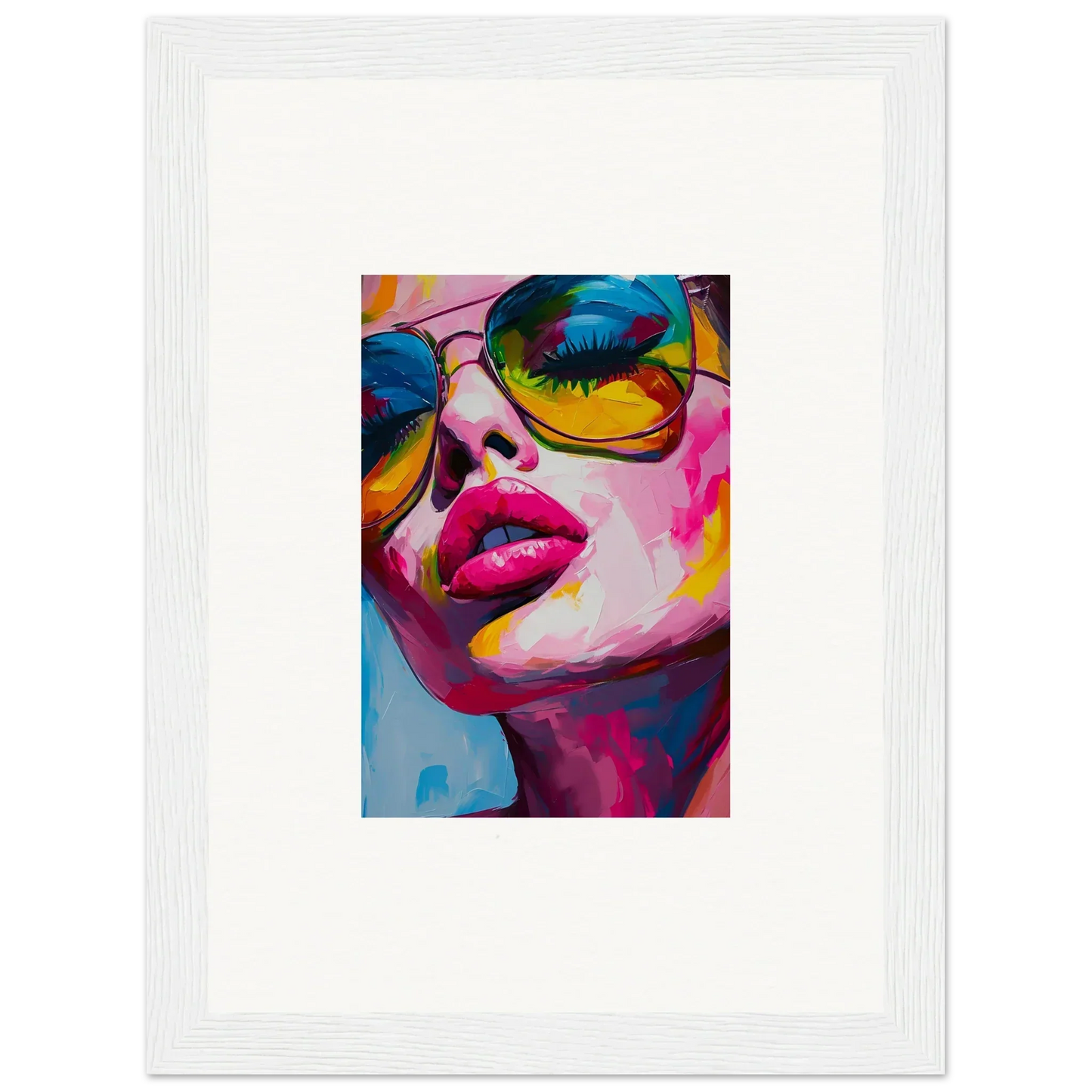 Colorful pop art portrait with reflective sunglasses for stylish room decor and framed wall art