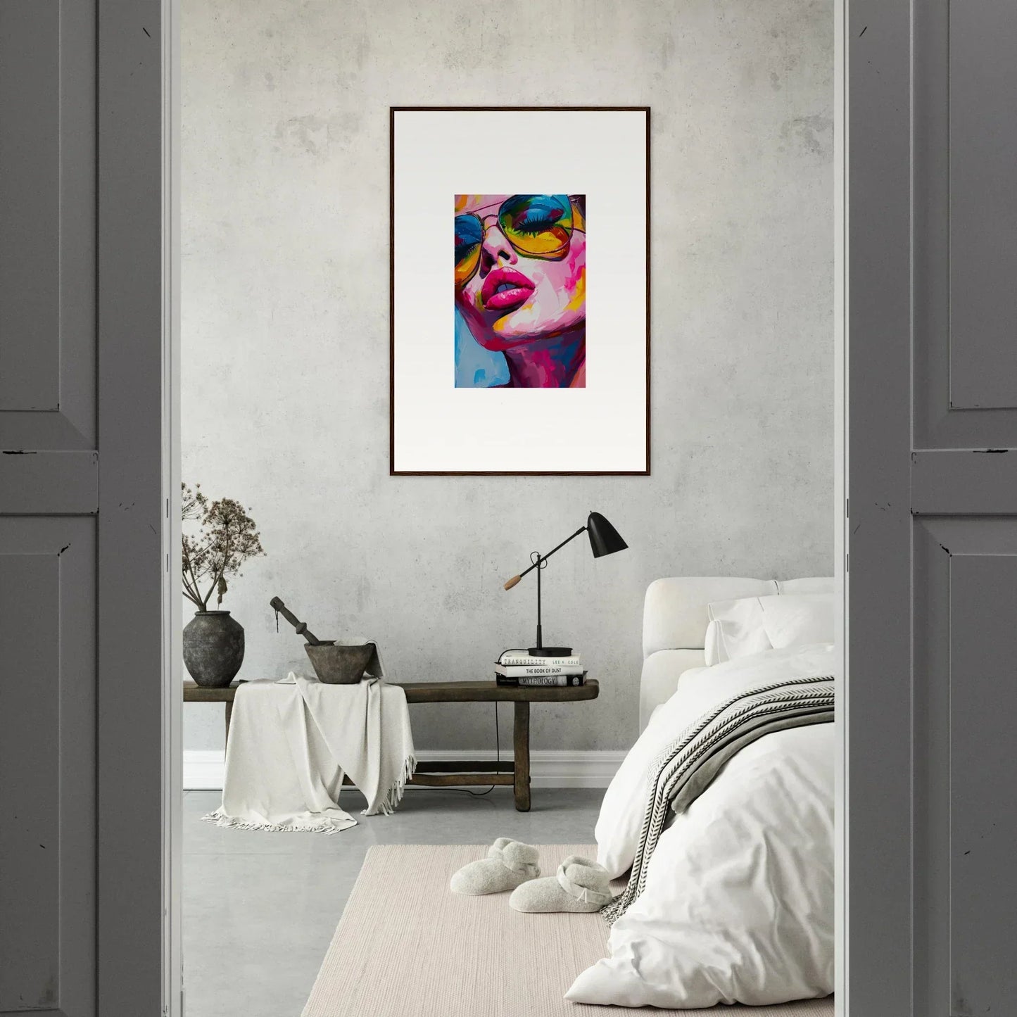 Colorful portrait painting of a face in sunglasses, framed wall art for room decor