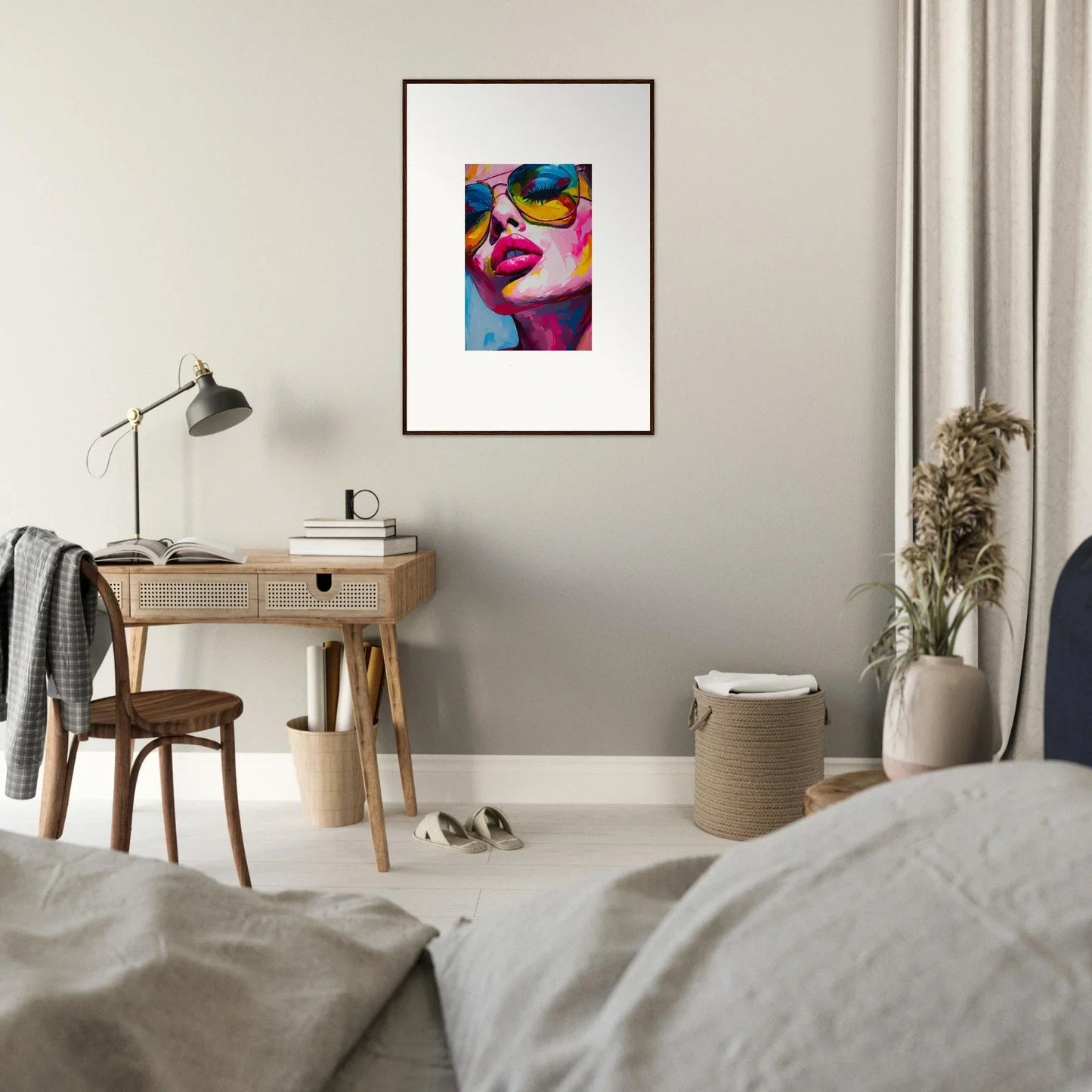 Colorful abstract portrait framed wall art for unique room decor with a reverie gaze