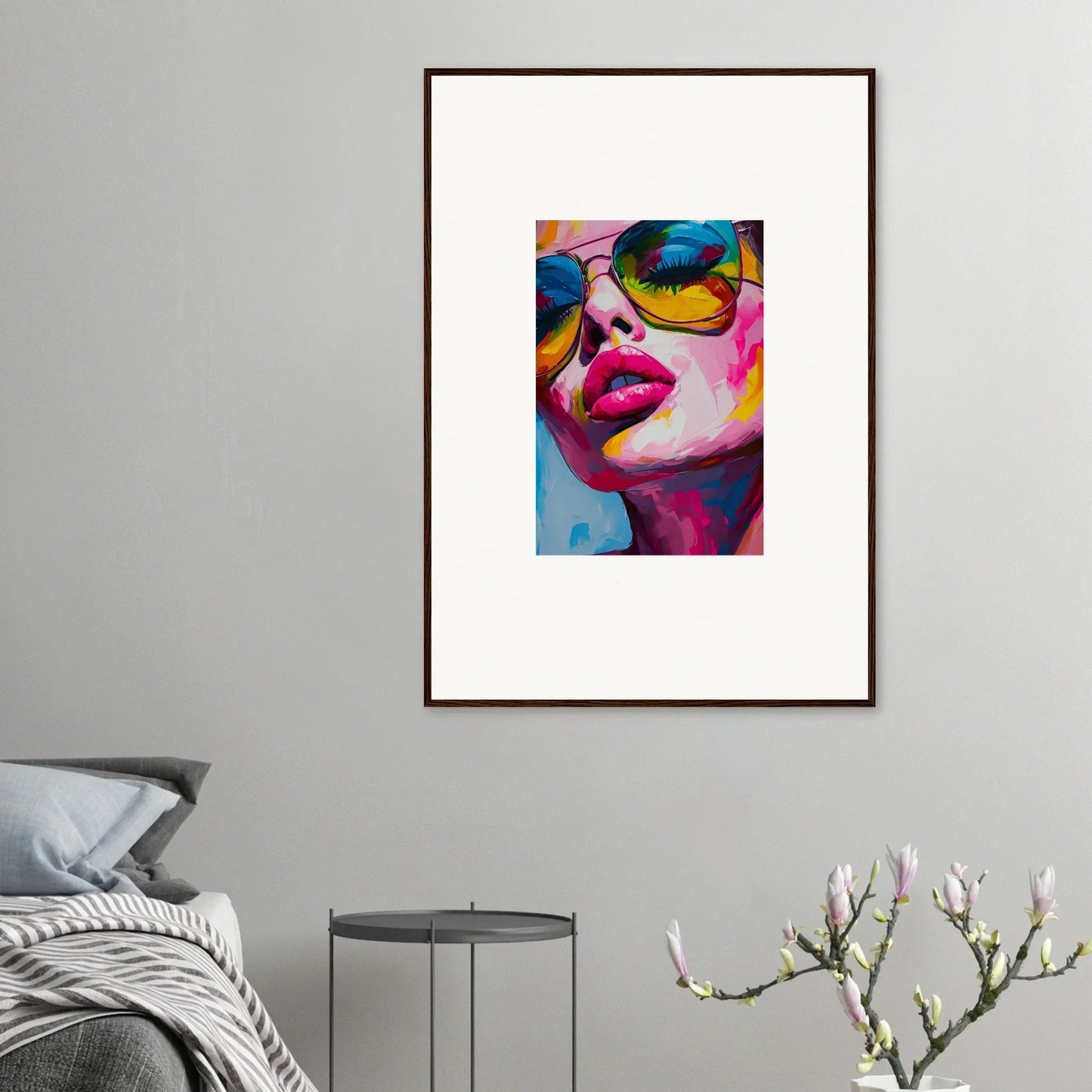 Colorful pop art portrait with sunglasses and vibrant pink lips for room decor