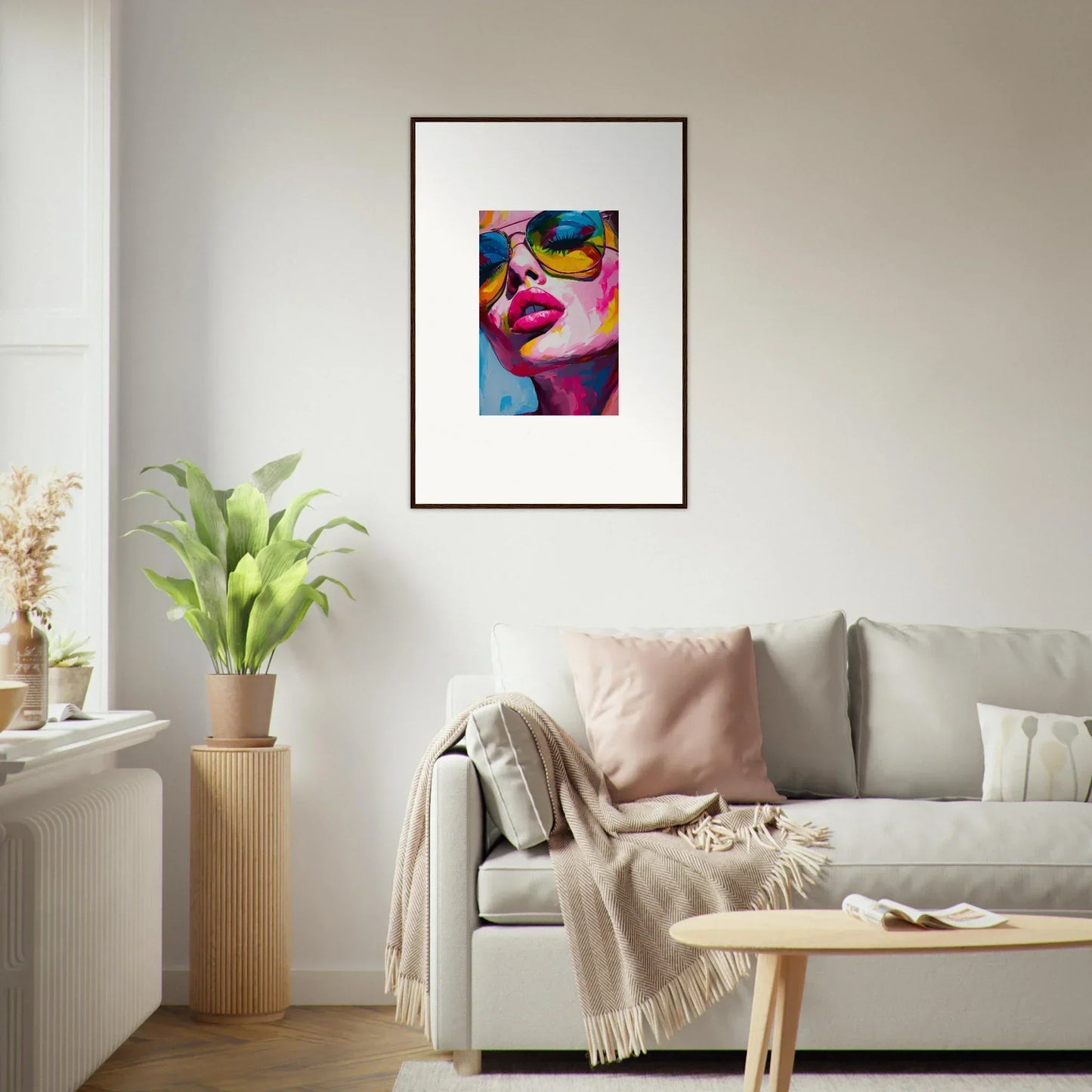 Colorful abstract portrait painting featuring lips and eyes, perfect for room decor