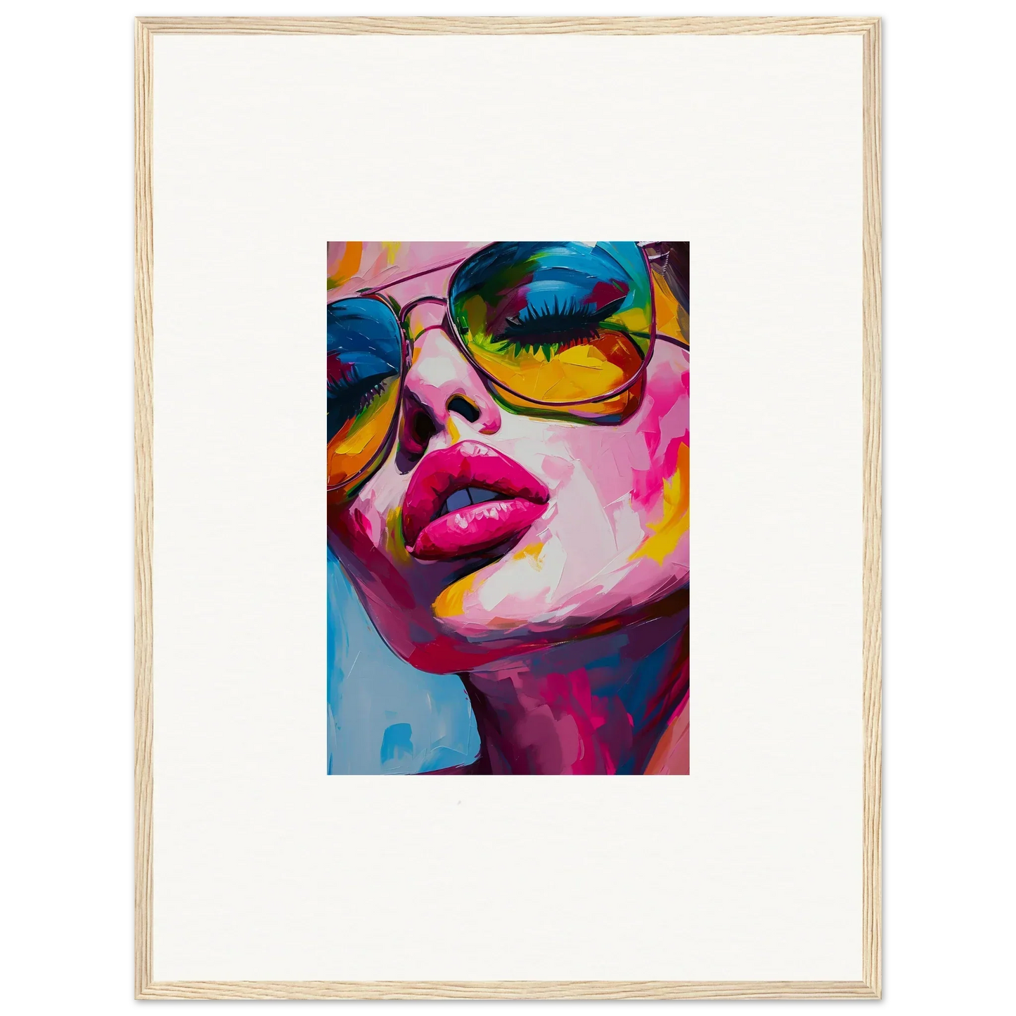 Vibrant pop art portrait with colorful sunglasses for dynamic room decor or framed wall art
