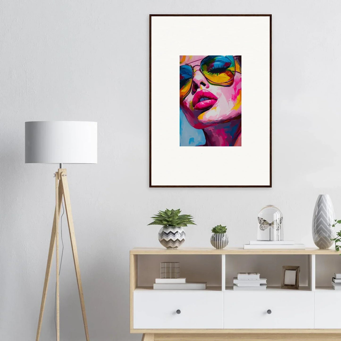 Colorful abstract portrait painting with vibrant lips and sunglasses for room decor