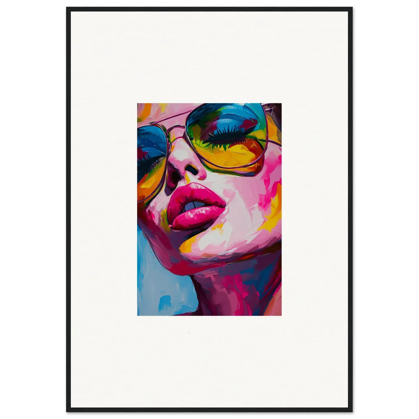 Colorful pop art portrait with sunglasses, vibrant lips for room decor, framed wall art
