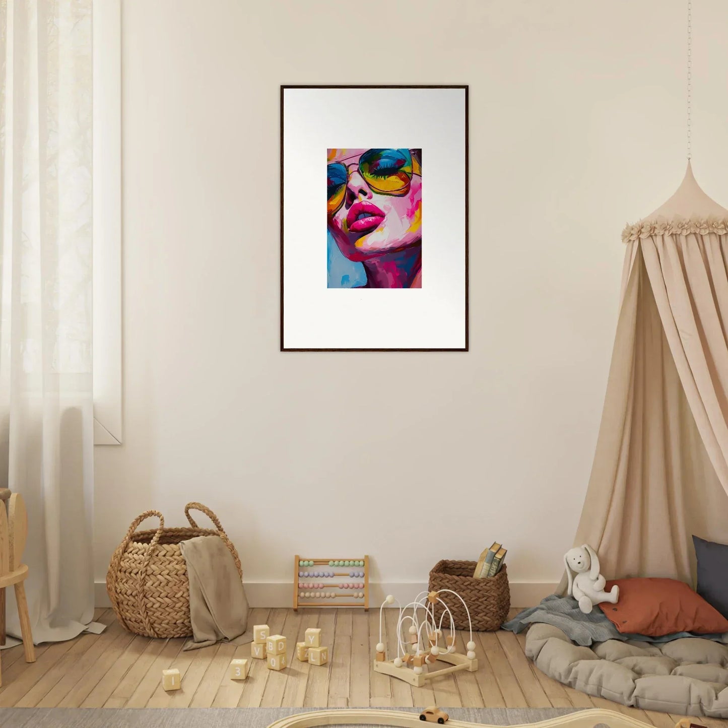 Framed wall art of a colorful portrait with vibrant lips and abstract eyes for room decor