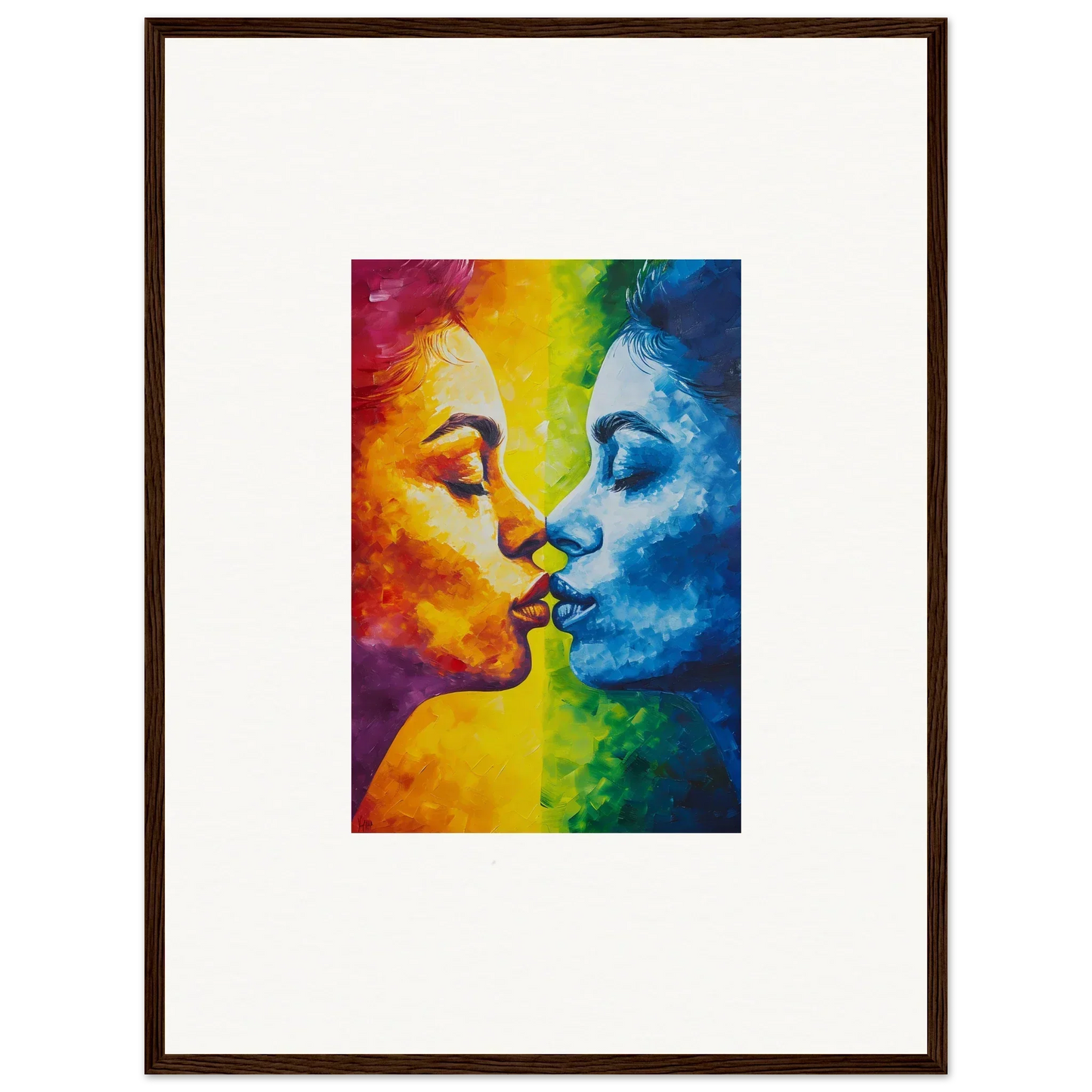Colorful canvas print of two faces kissing in serene warm and cool tones for room decoration