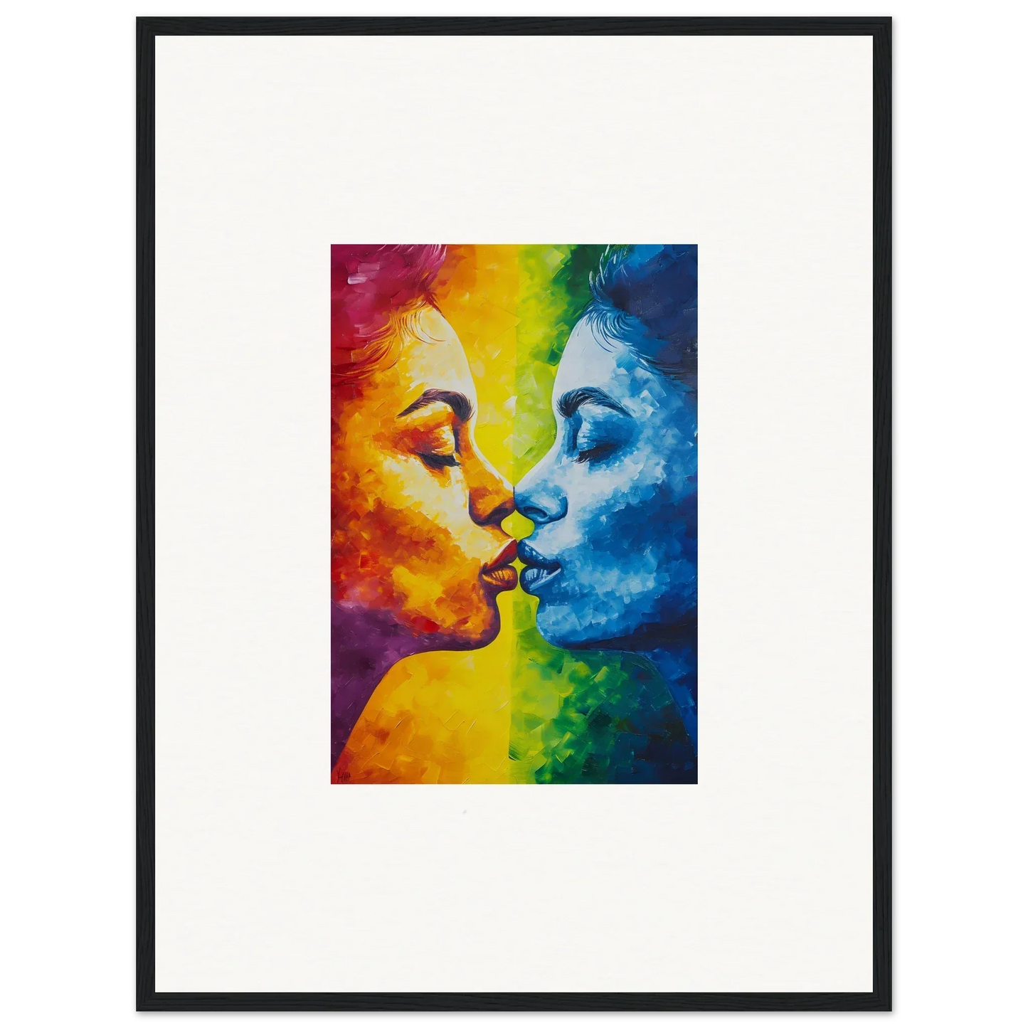 Colorful canvas print of two faces kissing, perfect for a serene room decoration