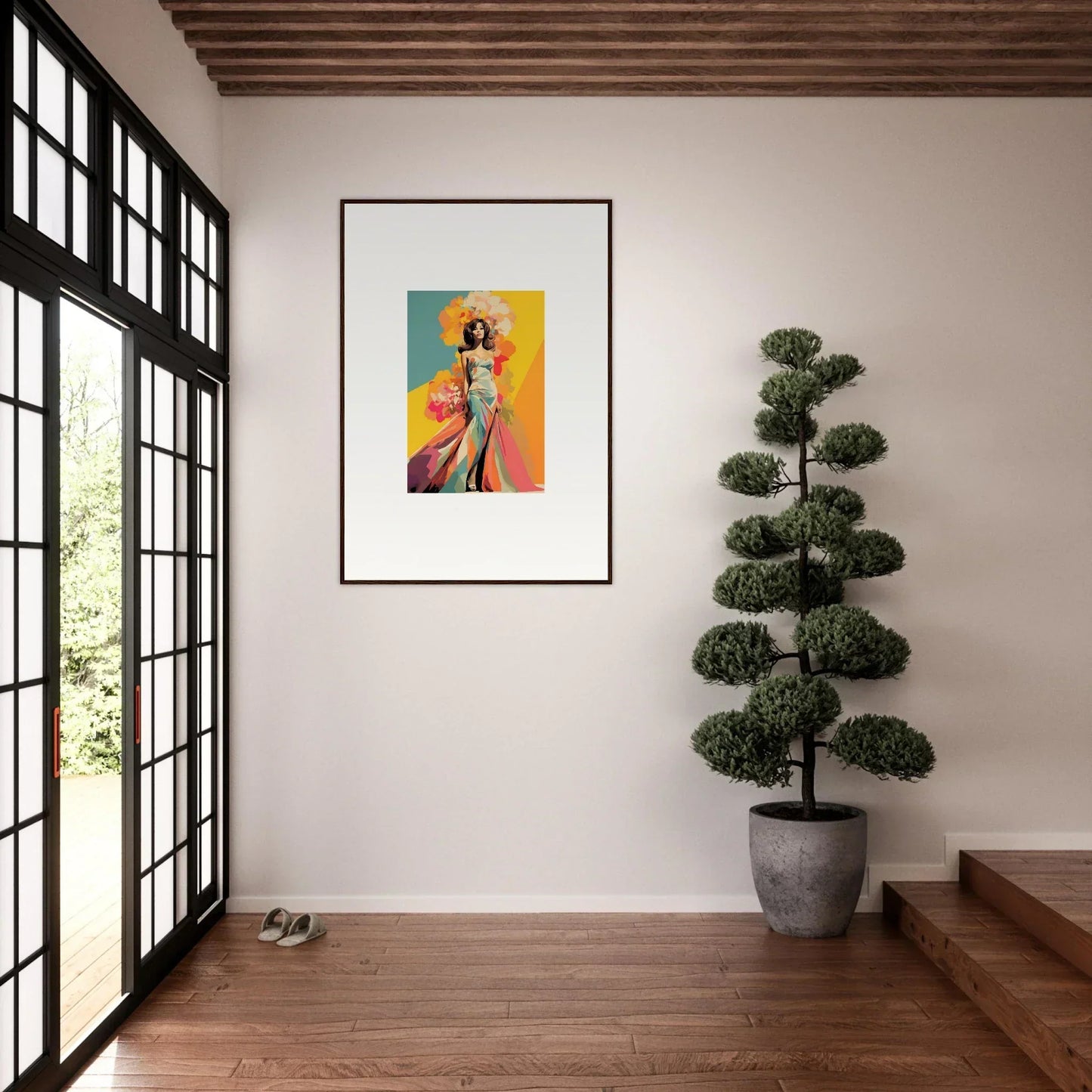 Framed wall art of a dancing figure on a vibrant background, Chromatic Sunset Muse