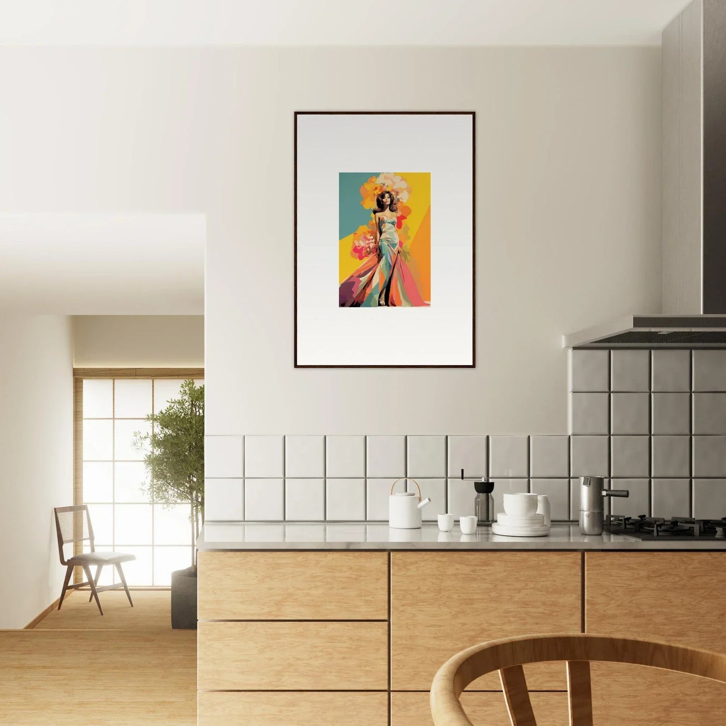 Framed wall art of Chromatic Sunset Muse with a vibrant figure and gradient hues