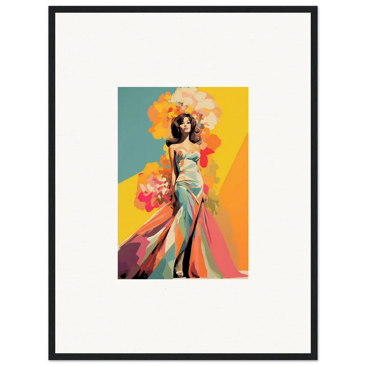 Stylized fashion illustration in turquoise gown from Chromatic Sunset Muse framed wall art
