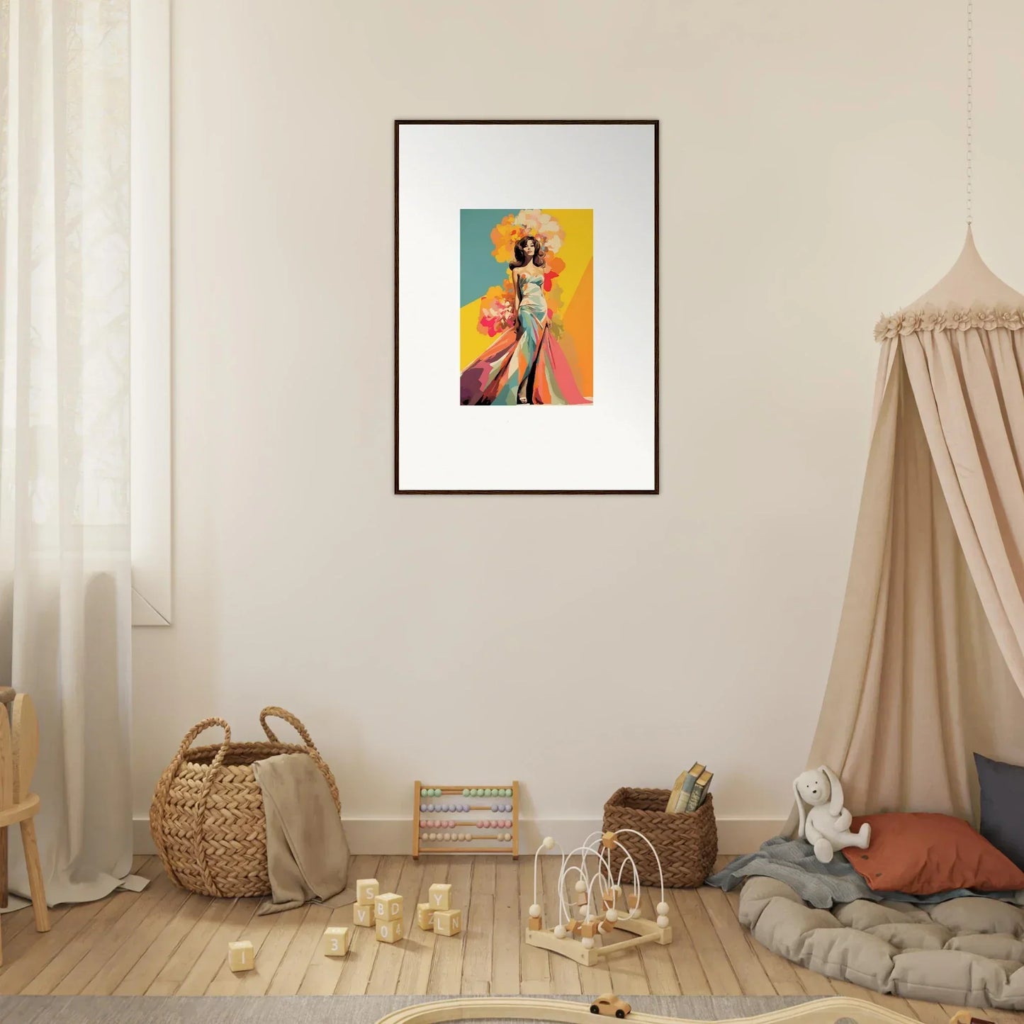 Framed wall art of Chromatic Sunset Muse with a colorful figure on a vibrant backdrop
