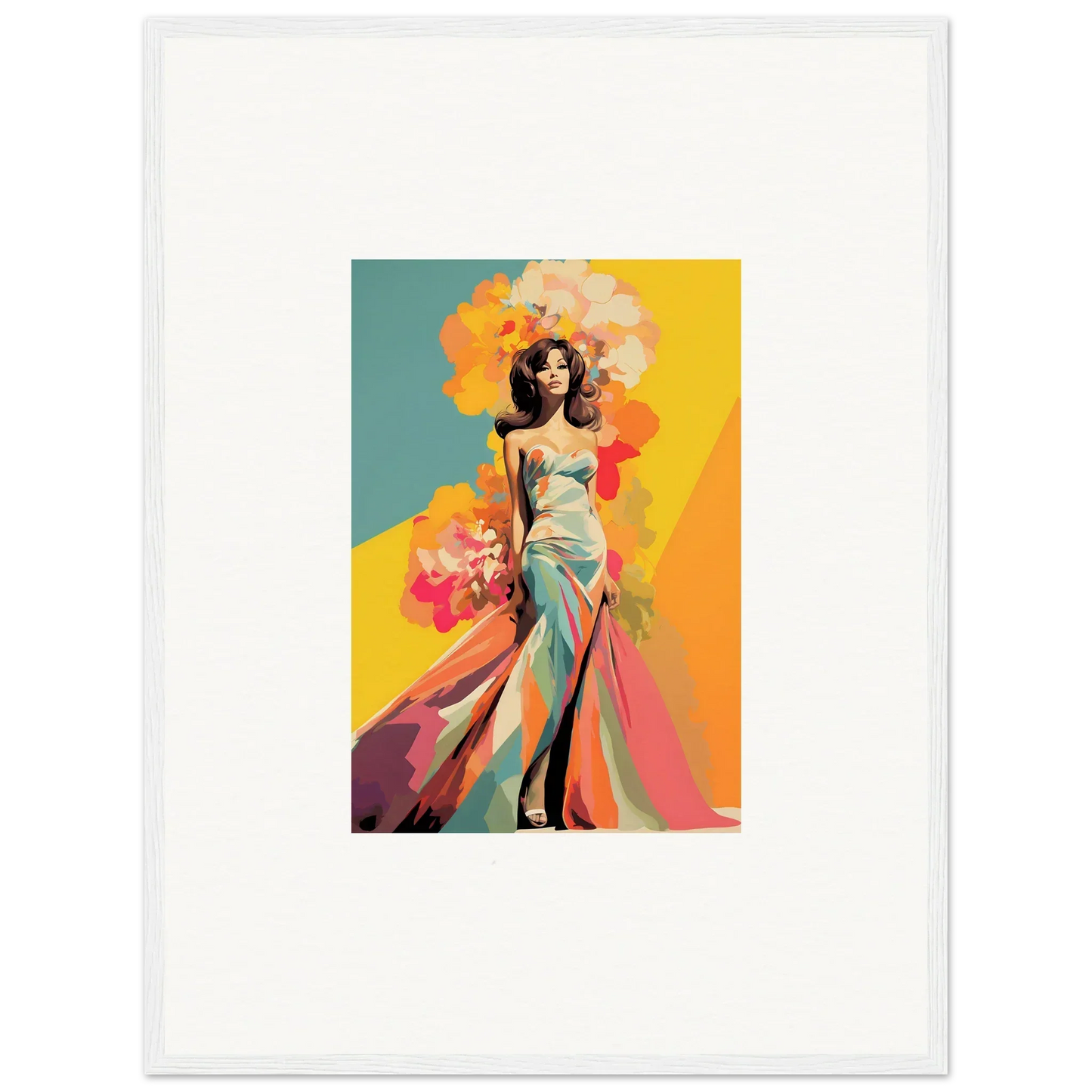 Stylized fashion illustration of a turquoise gown in Chromatic Sunset Muse framed wall art