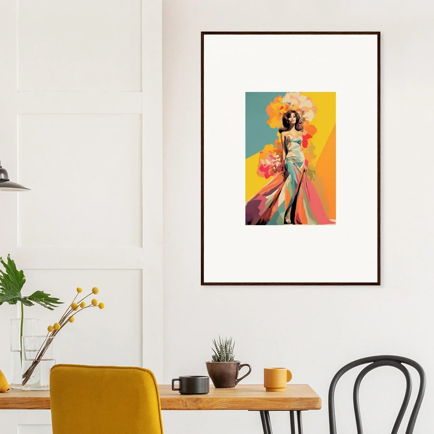 Framed wall art of Chromatic Sunset Muse with a stylish figure in vibrant colors