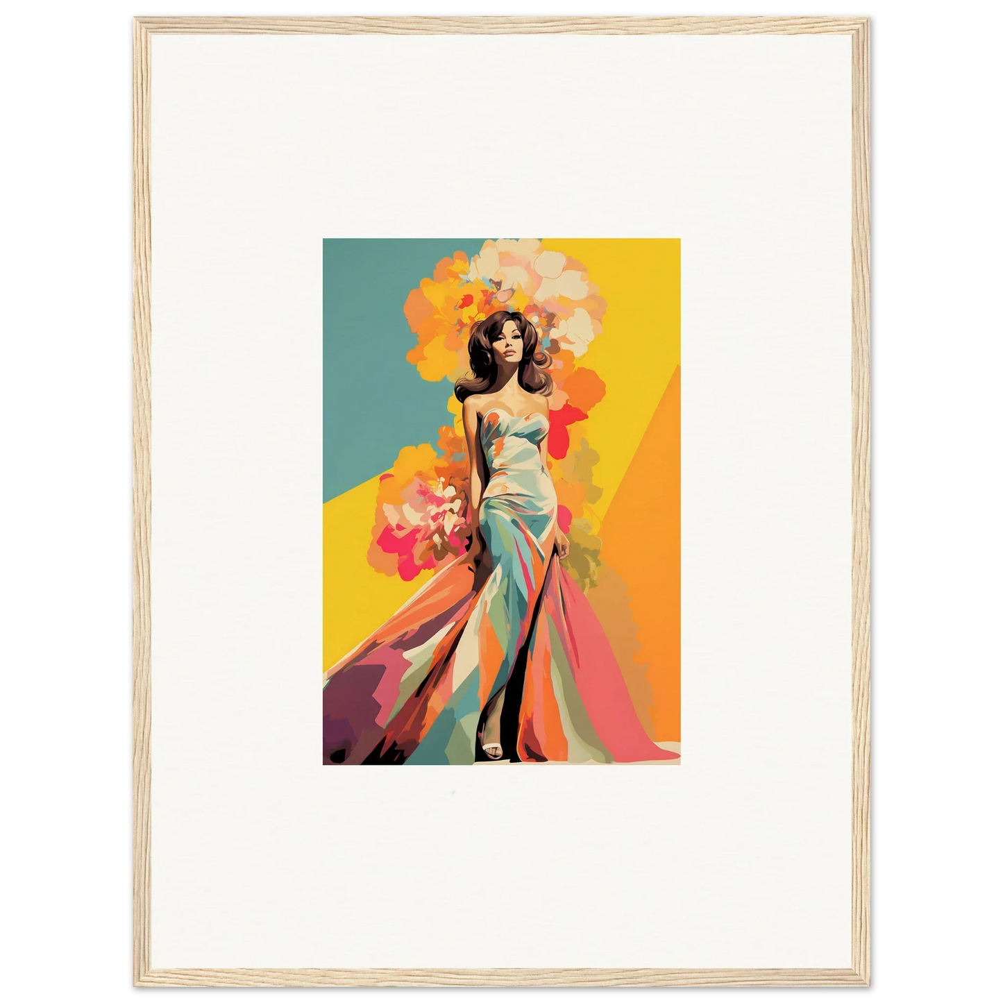 Colorful fashion illustration in a turquoise gown for Chromatic Sunset Muse framed wall art