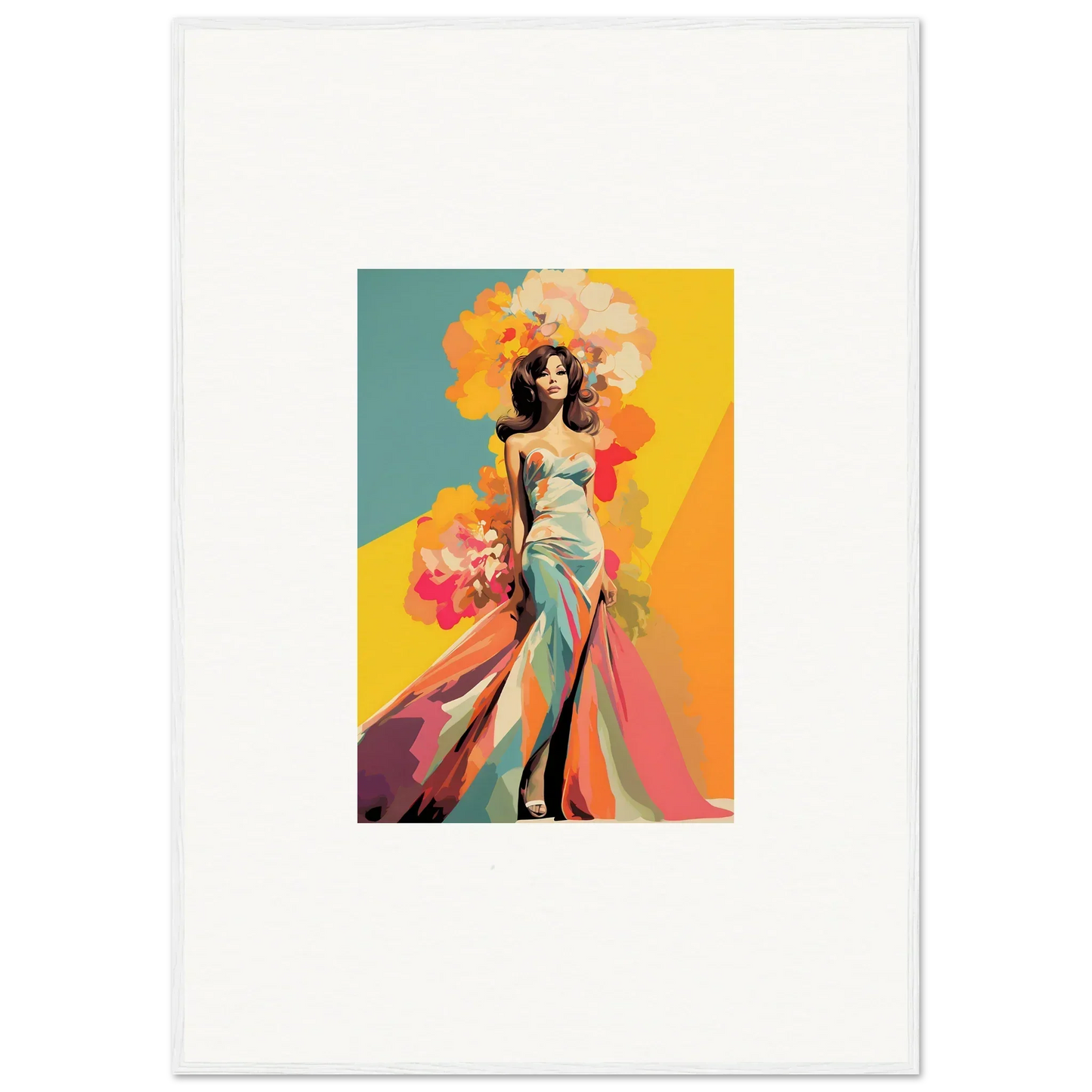 Colorful fashion illustration of a flowing turquoise and coral gown for Chromatic Sunset Muse