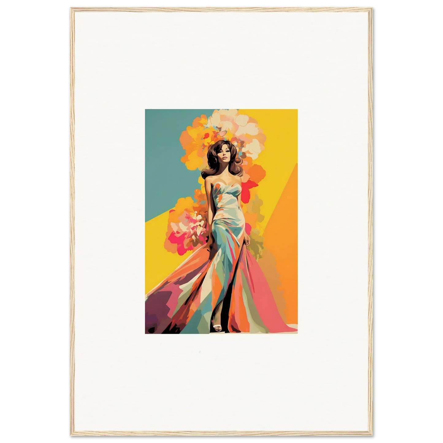 Stylized fashion illustration in turquoise gown for Chromatic Sunset Muse framed wall art