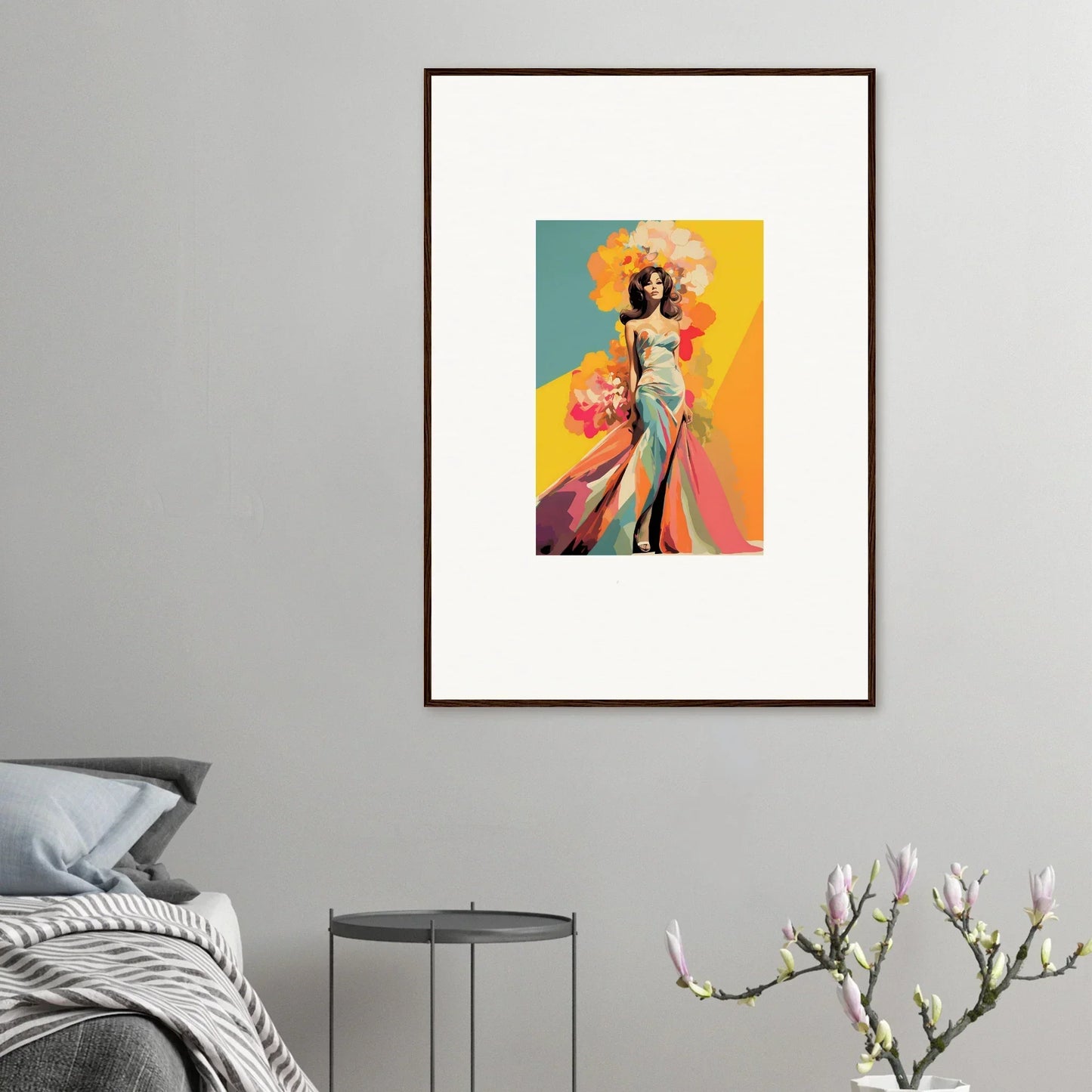 Framed wall art of Chromatic Sunset Muse with elegant dress and vibrant colors