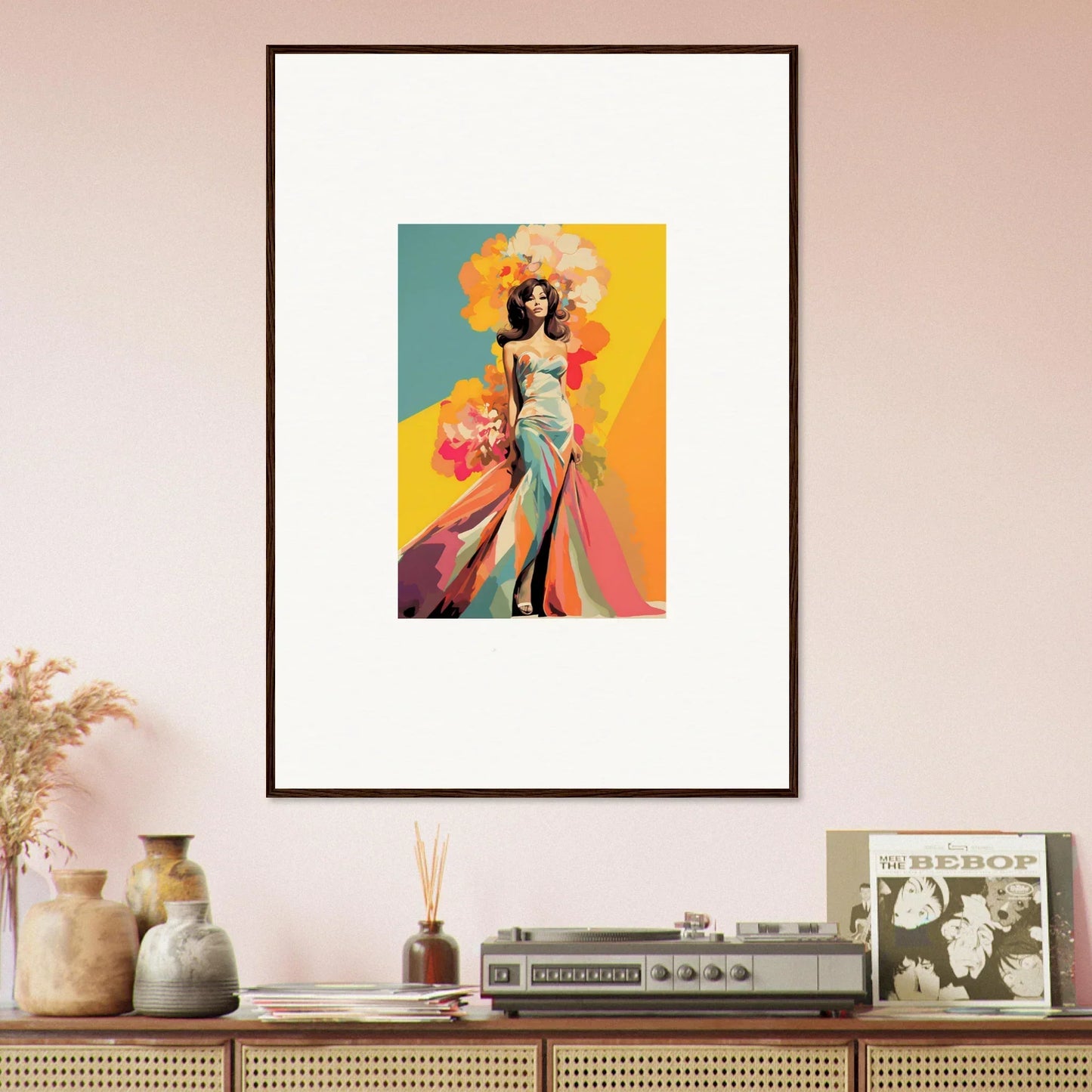 Stylized figure in flowing dress with colorful shapes in Chromatic Sunset Muse framed wall art