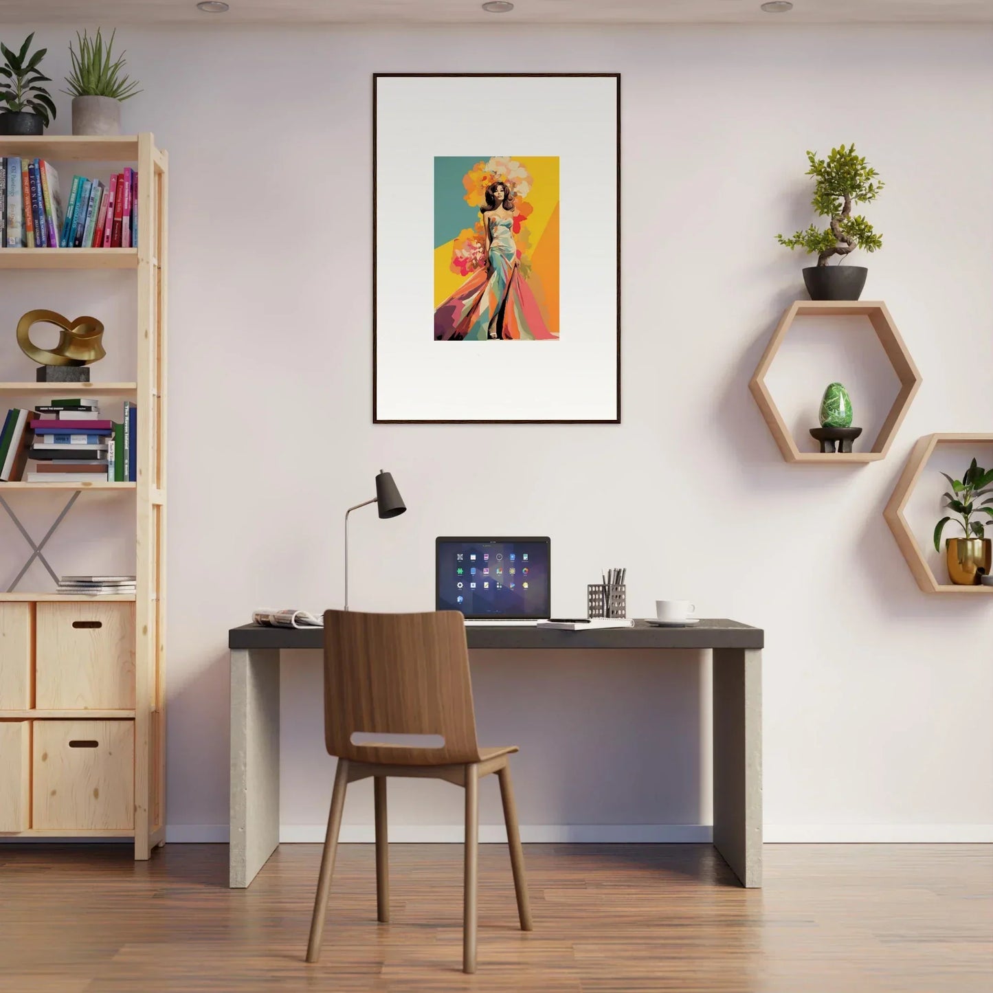 Modern home office with Chromatic Sunset Muse art, dark desk, and hexagonal shelves