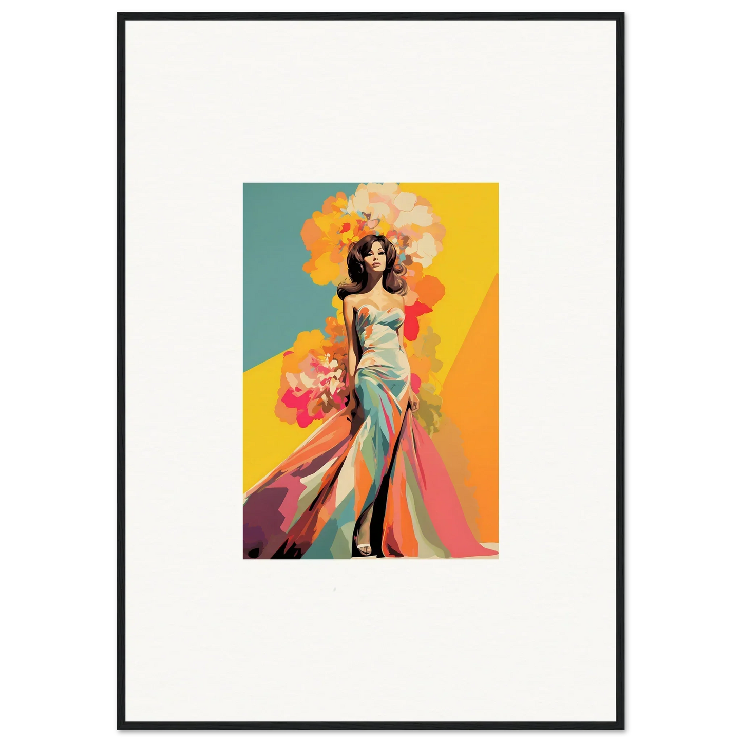 Stylized fashion illustration in turquoise gown for Chromatic Sunset Muse framed wall art