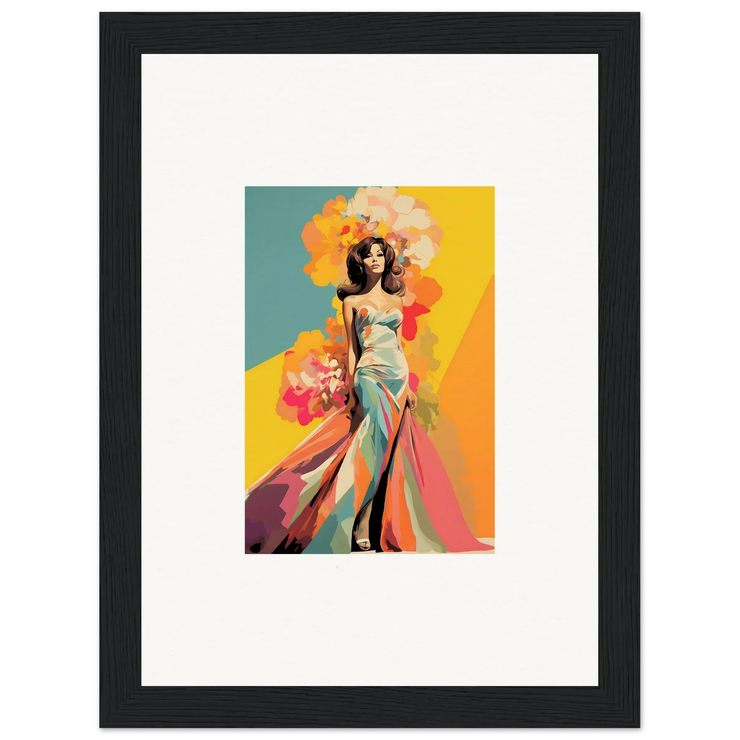 Framed wall art of a figure in a turquoise gown from Chromatic Sunset Muse collection