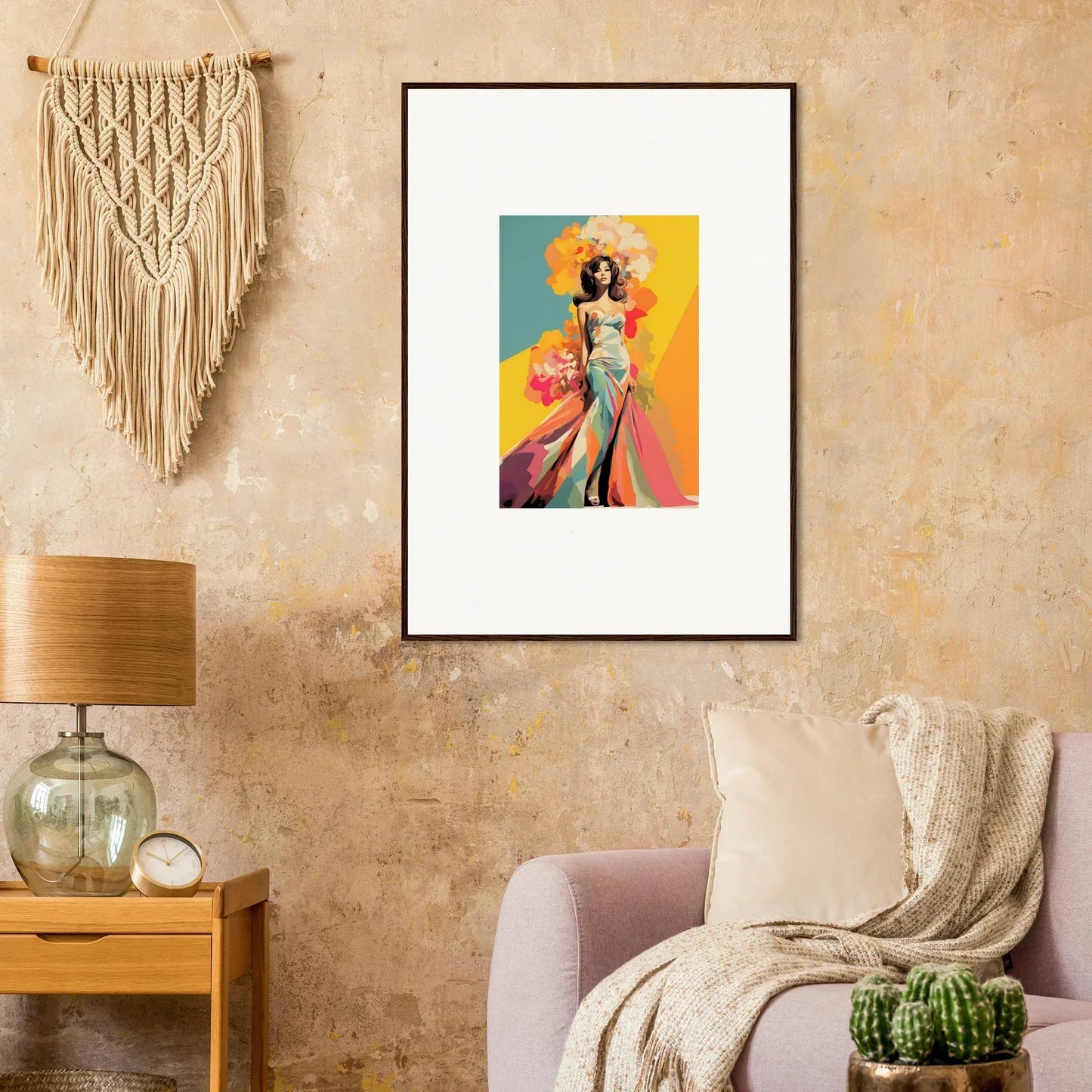 Framed wall art of Chromatic Sunset Muse with vibrant figure on yellow-orange backdrop
