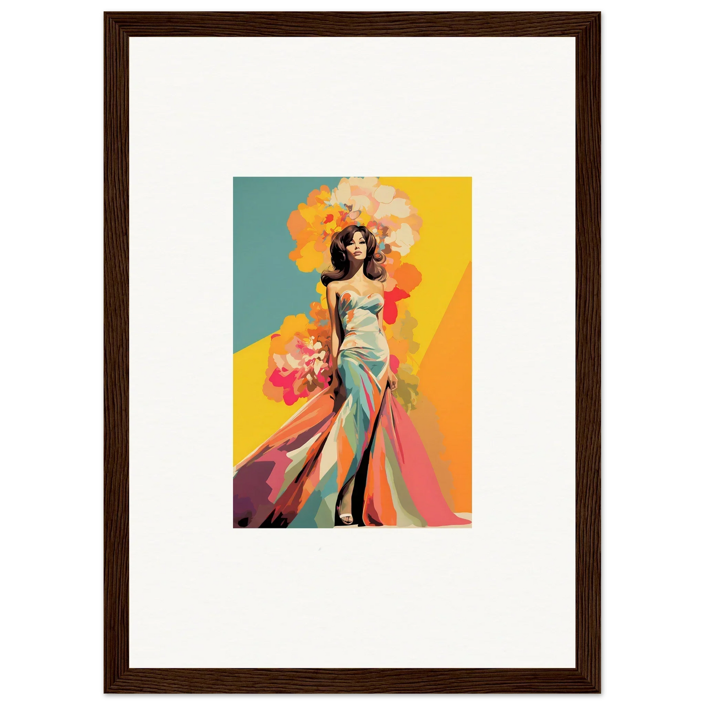 Stylized fashion illustration of a figure in a turquoise gown, Chromatic Sunset Muse art