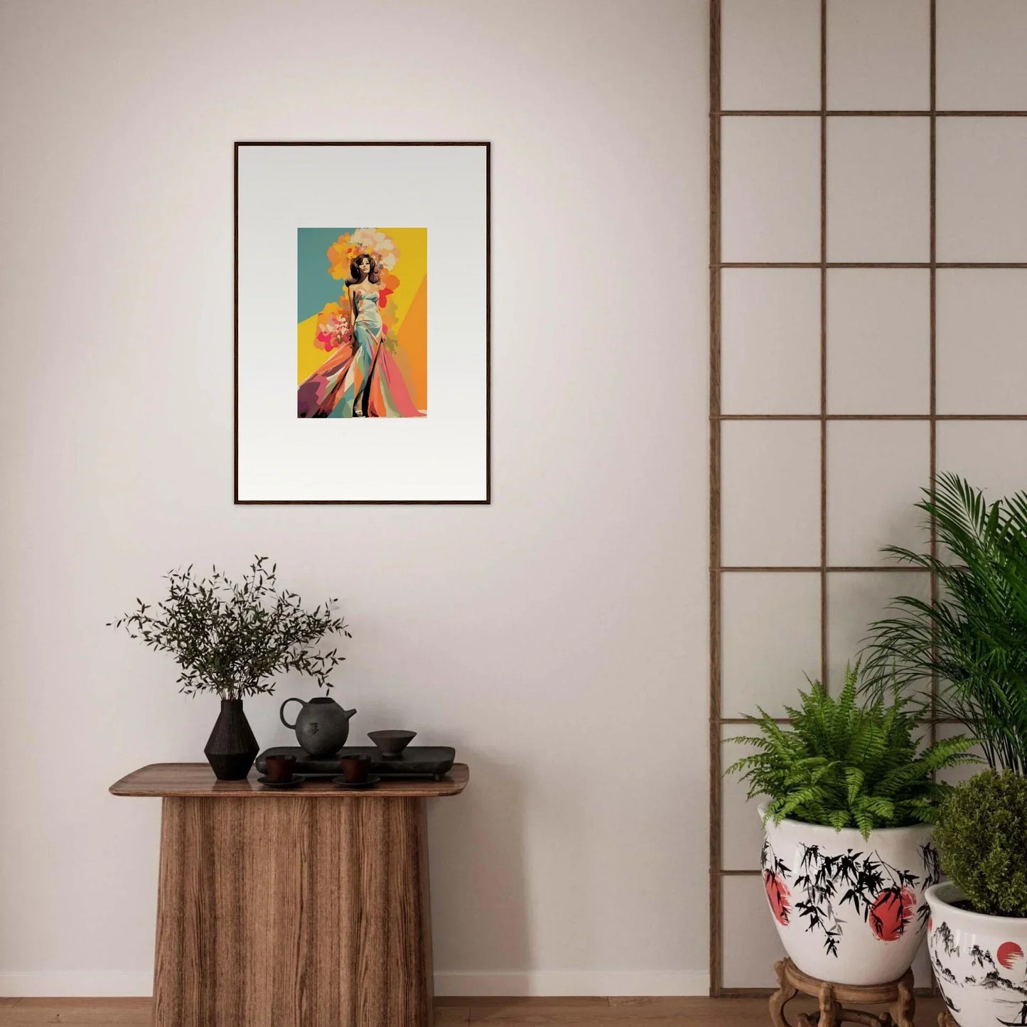 Framed wall art of Chromatic Sunset Muse with a figure in a flowing robe
