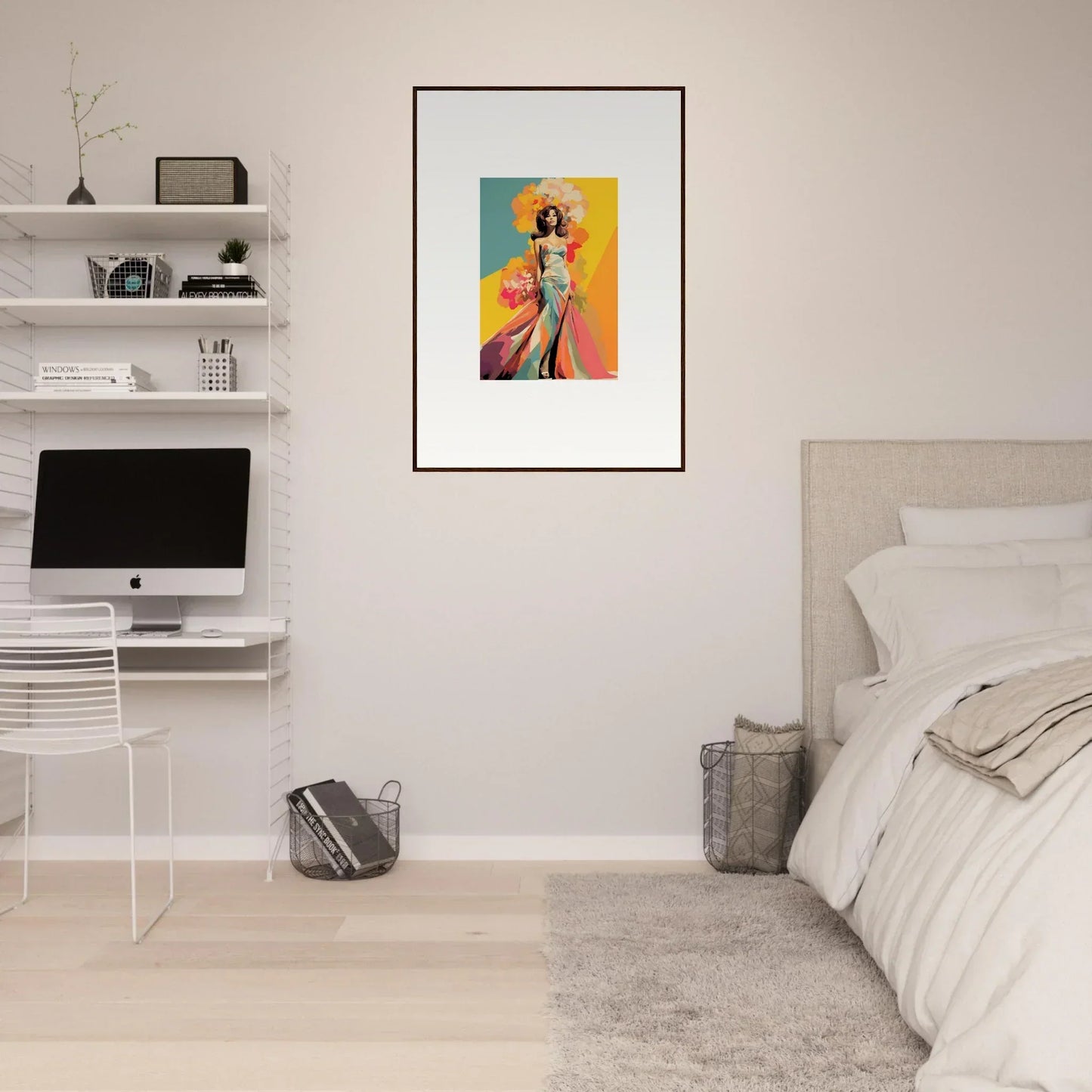 Framed wall art of Chromatic Sunset Muse with a colorful figure on an orange backdrop