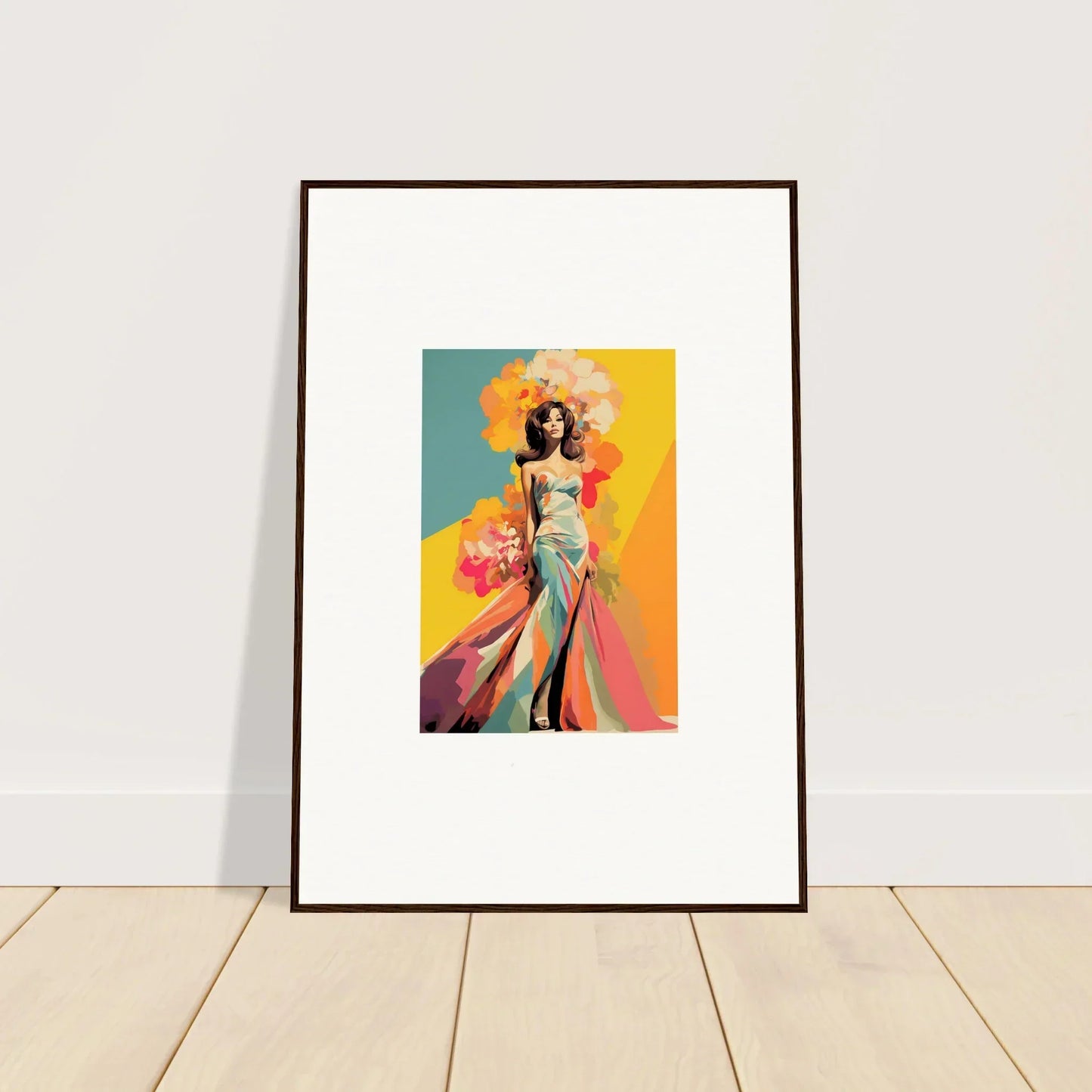 Framed Wall Art showcasing Chromatic Sunset Muse with a colorful elegant figure illustration