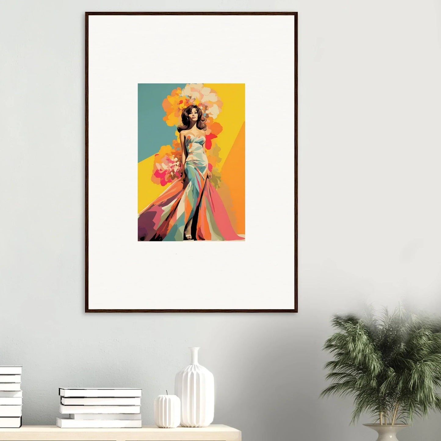Framed wall art of Chromatic Sunset Muse with colorful fashion illustration