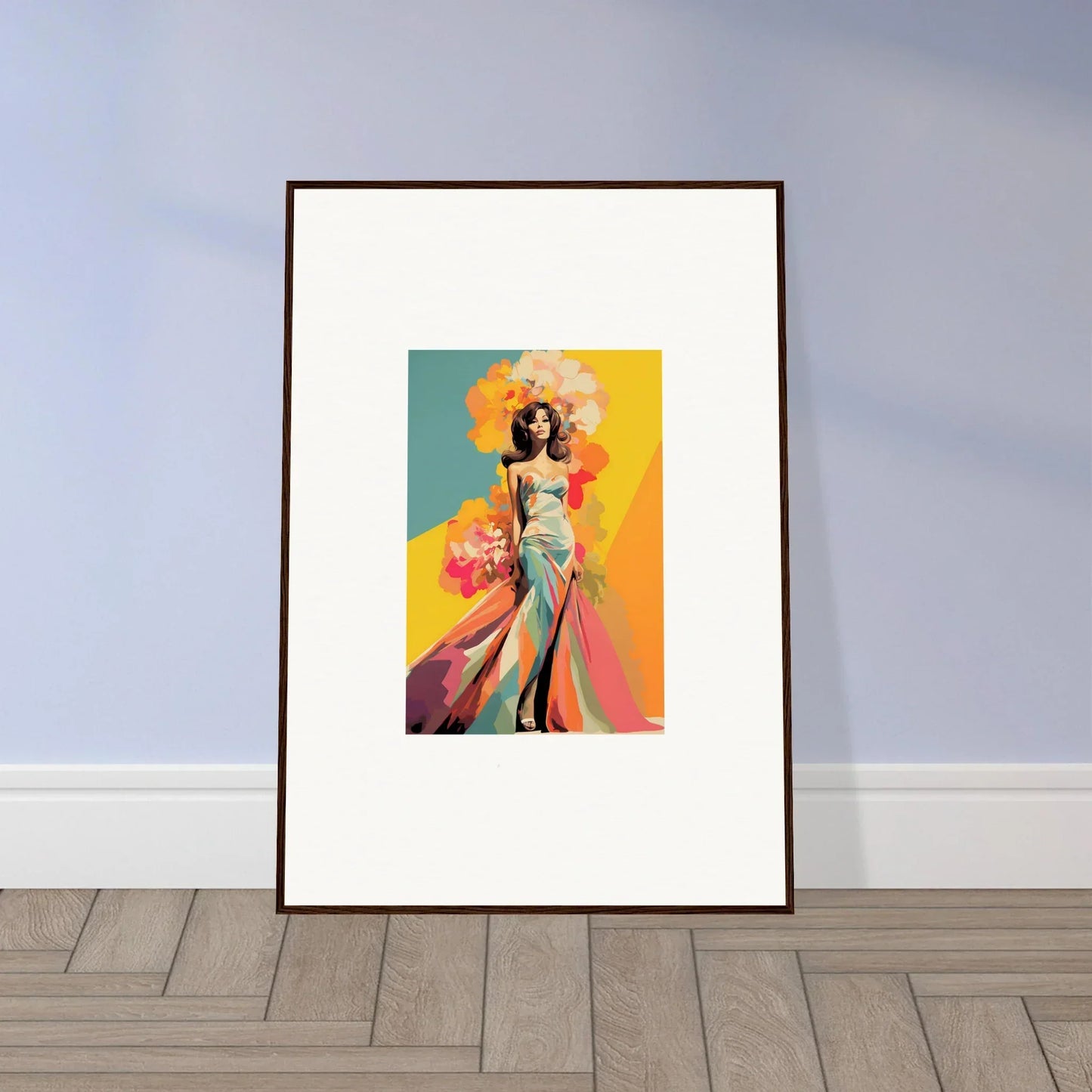 Framed wall art of Chromatic Sunset Muse with a stylish figure in vibrant colors